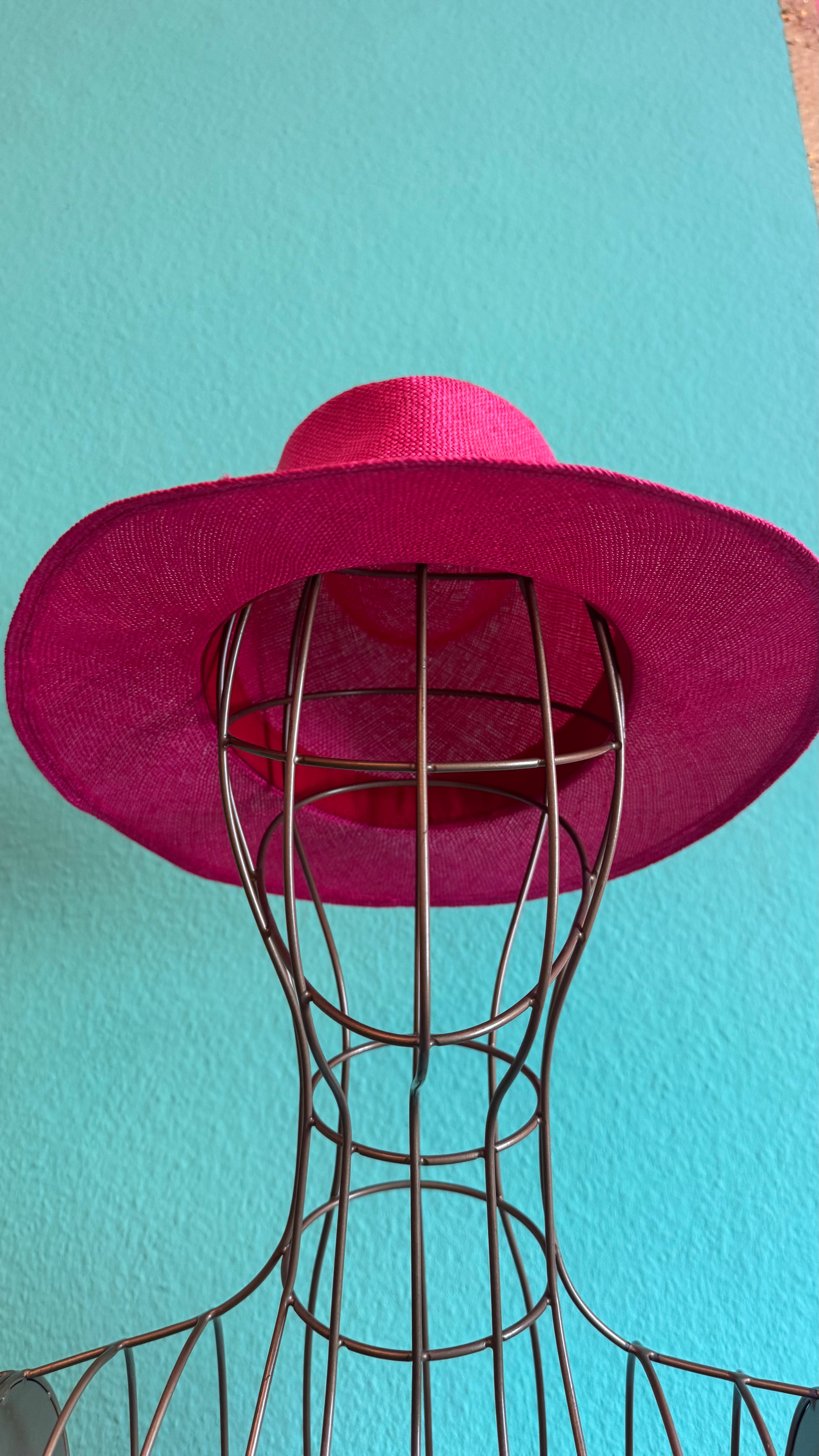 Vintage 1980s Fuchsia Wide Brim Straw Fedora Hat