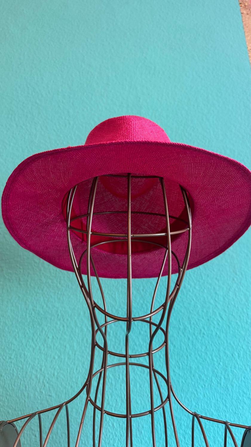 Vintage 1980s Fuchsia Wide Brim Straw Fedora Hat