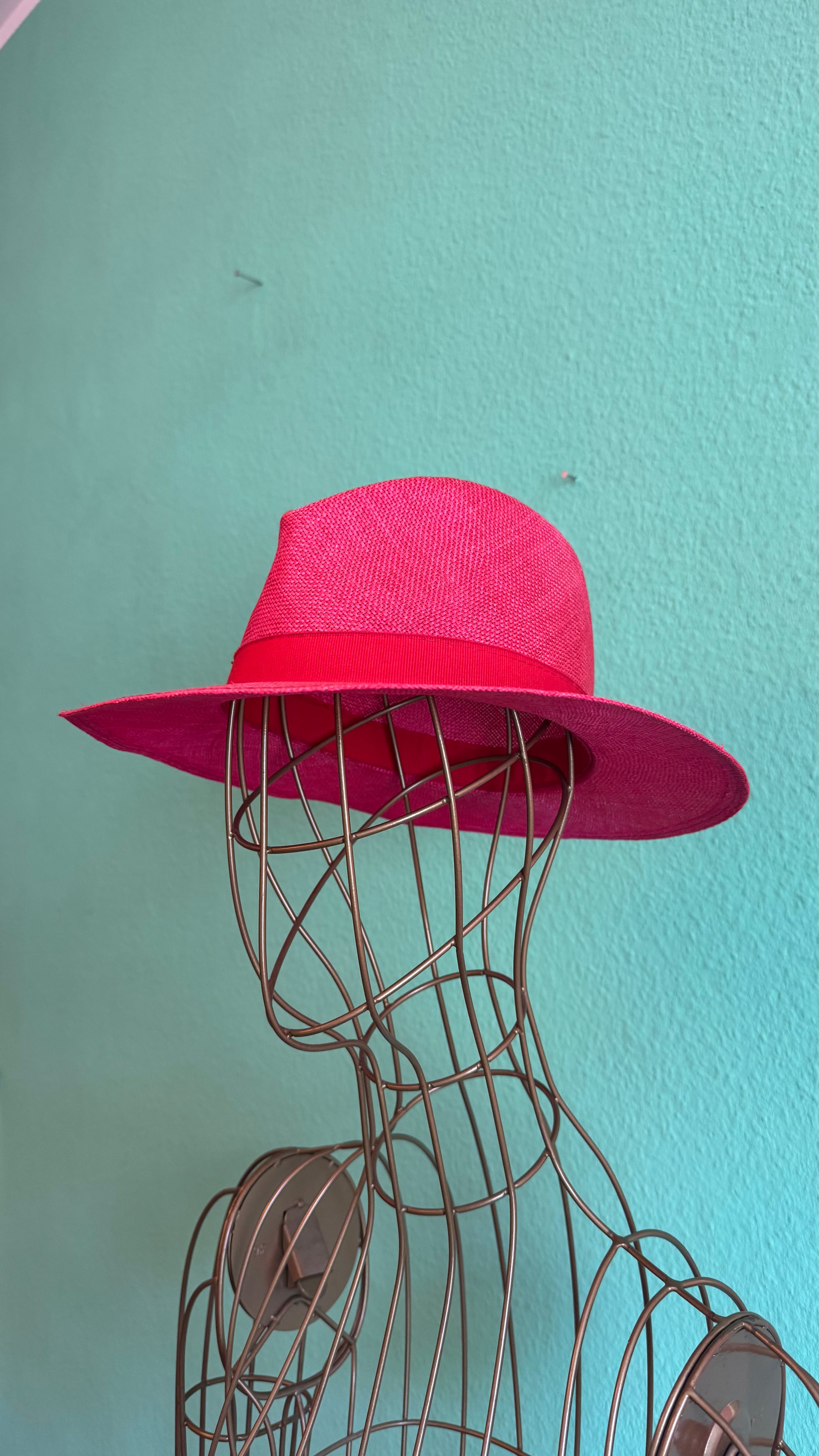 Vintage 1980s Fuchsia Wide Brim Straw Fedora Hat