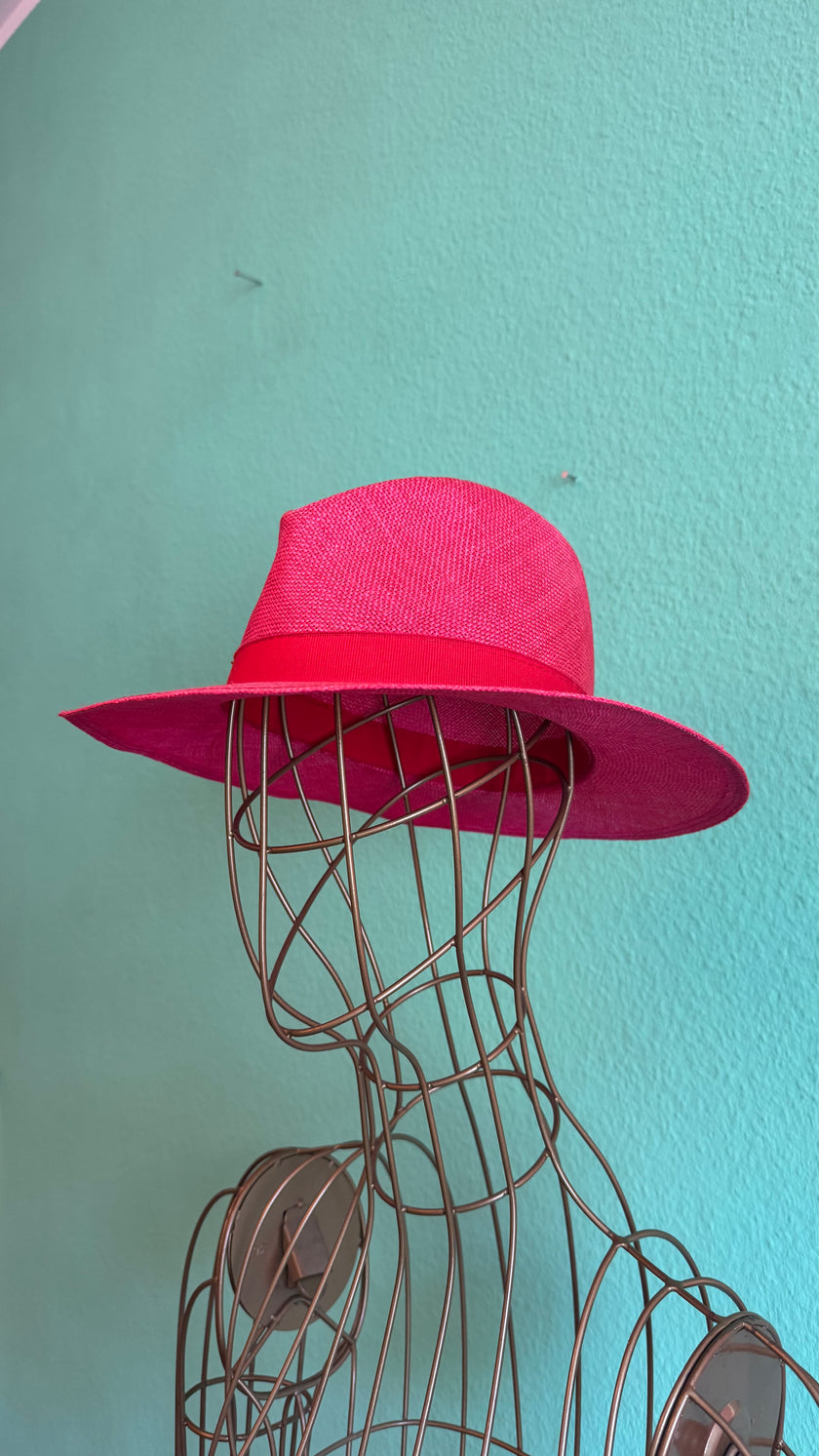 Vintage 1980s Fuchsia Wide Brim Straw Fedora Hat