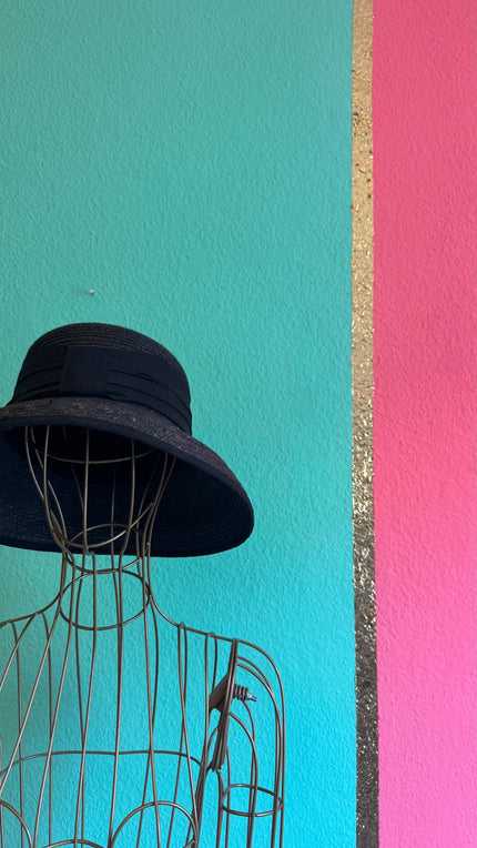 Vintage Estimated 1950s Black Woven Straw Wide-Brim Hat