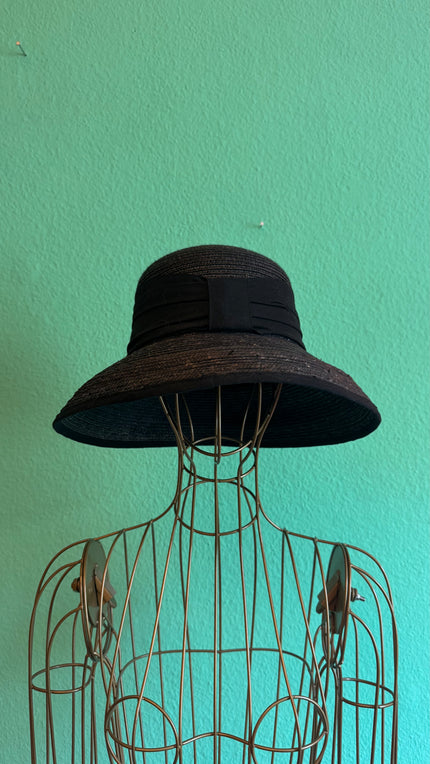 Vintage Estimated 1950s Black Woven Straw Wide-Brim Hat