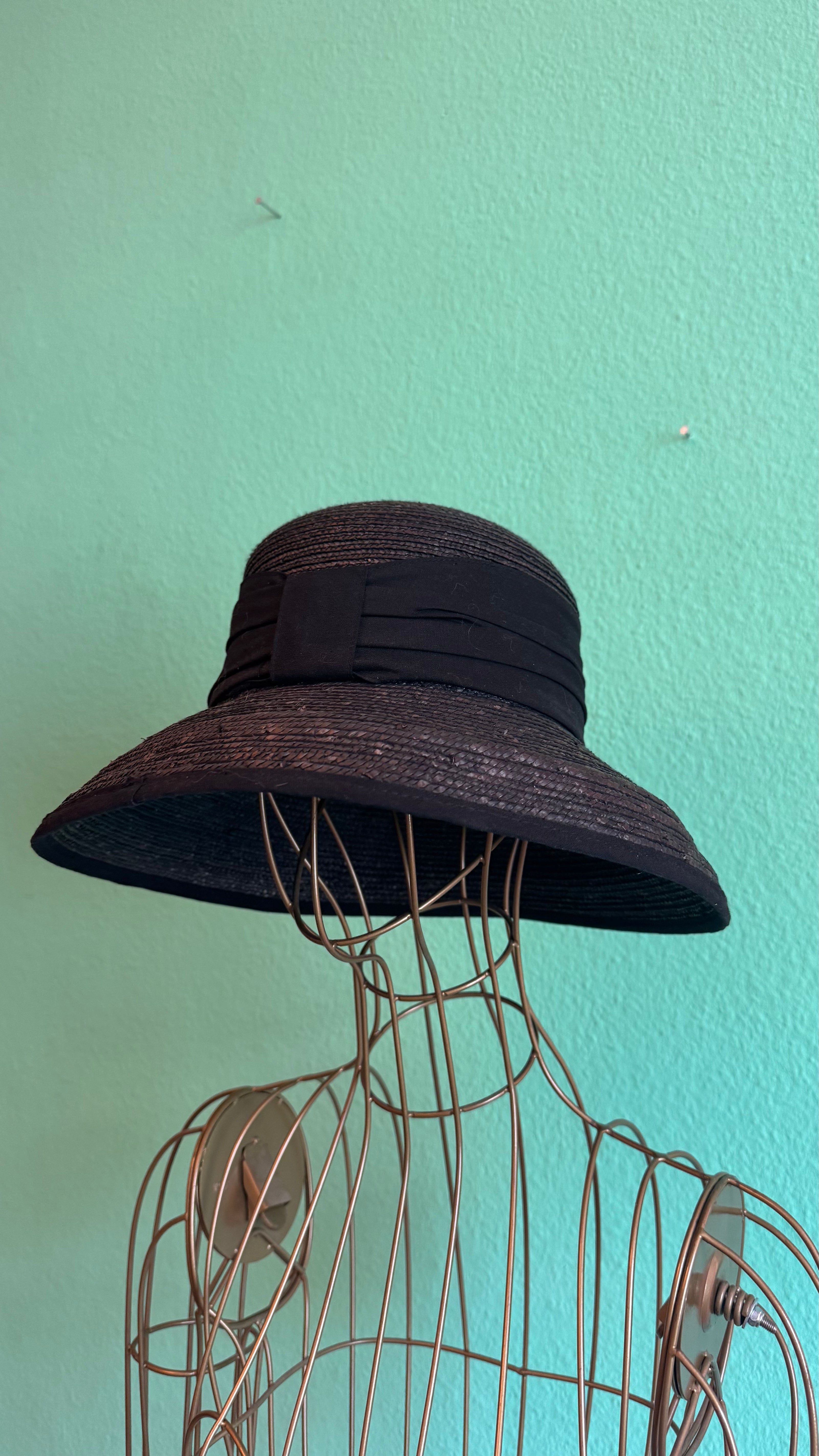 Vintage Estimated 1950s Black Woven Straw Wide-Brim Hat