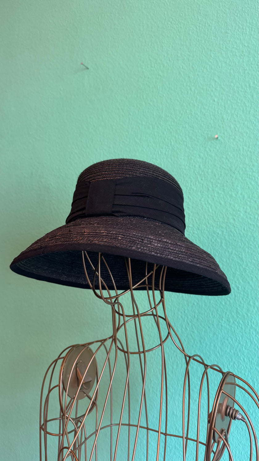Vintage Estimated 1950s Black Woven Straw Wide-Brim Hat