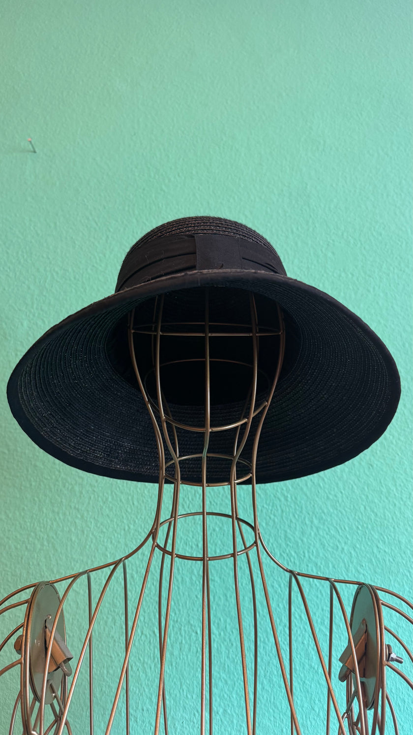 Vintage Estimated 1950s Black Woven Straw Wide-Brim Hat