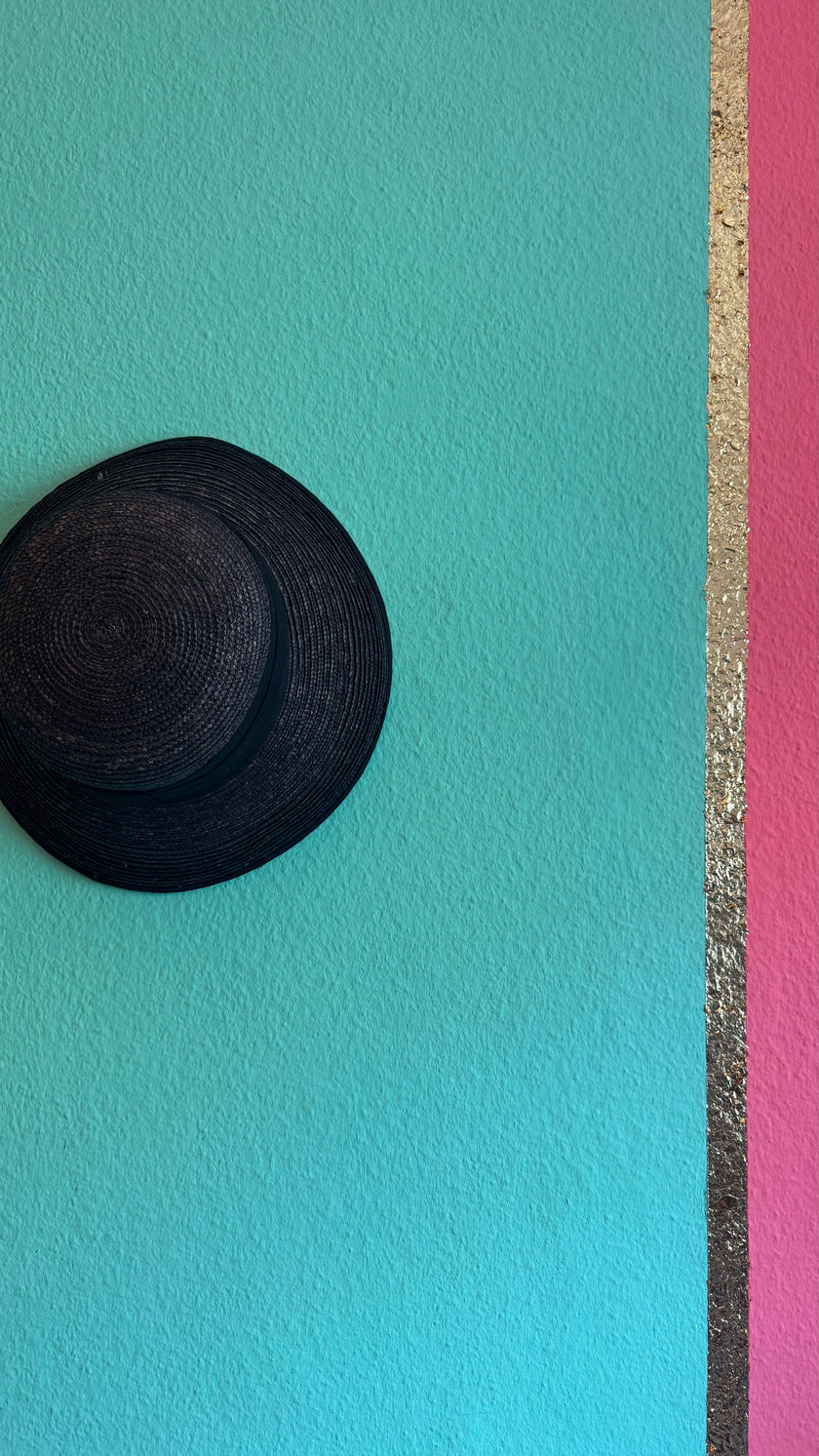 Vintage Estimated 1950s Black Woven Straw Wide-Brim Hat