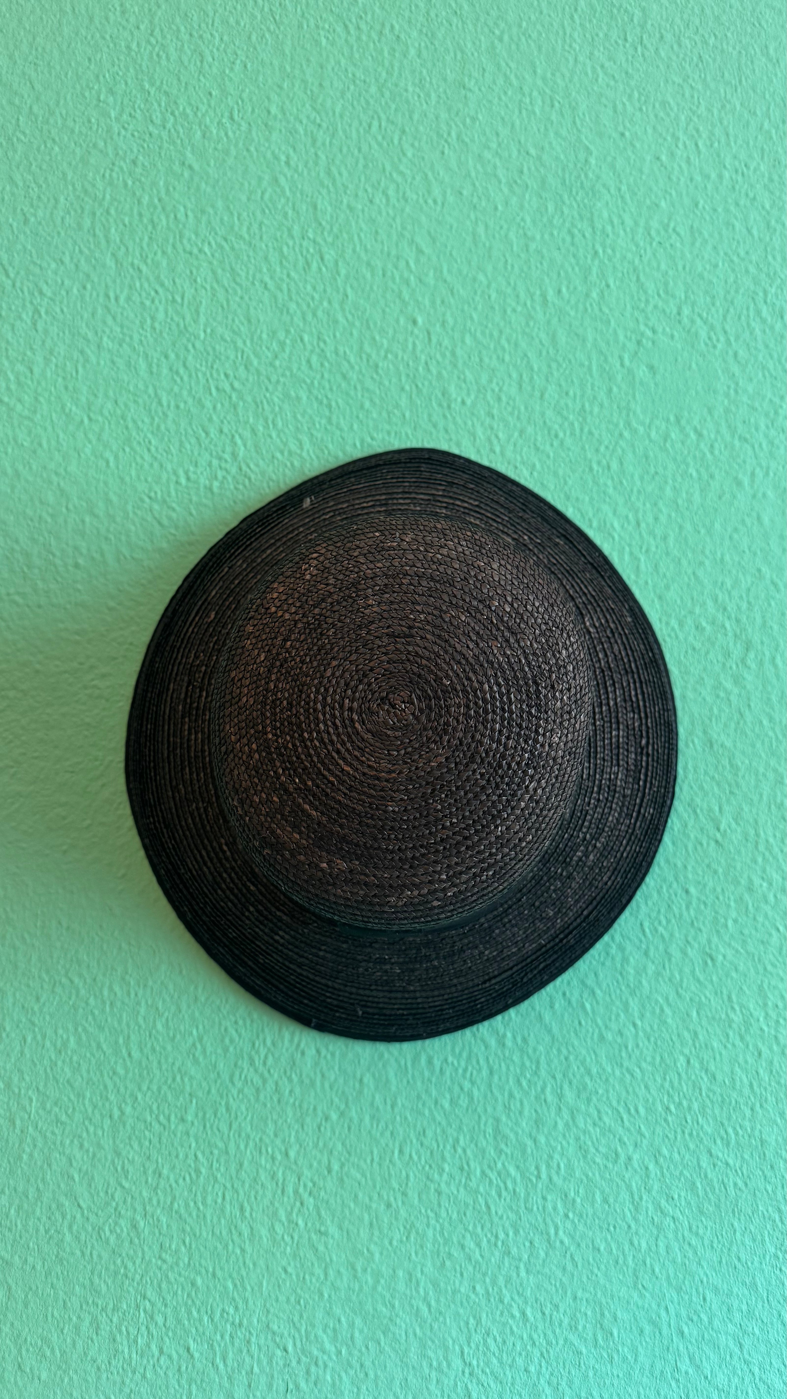 Vintage Estimated 1950s Black Woven Straw Wide-Brim Hat