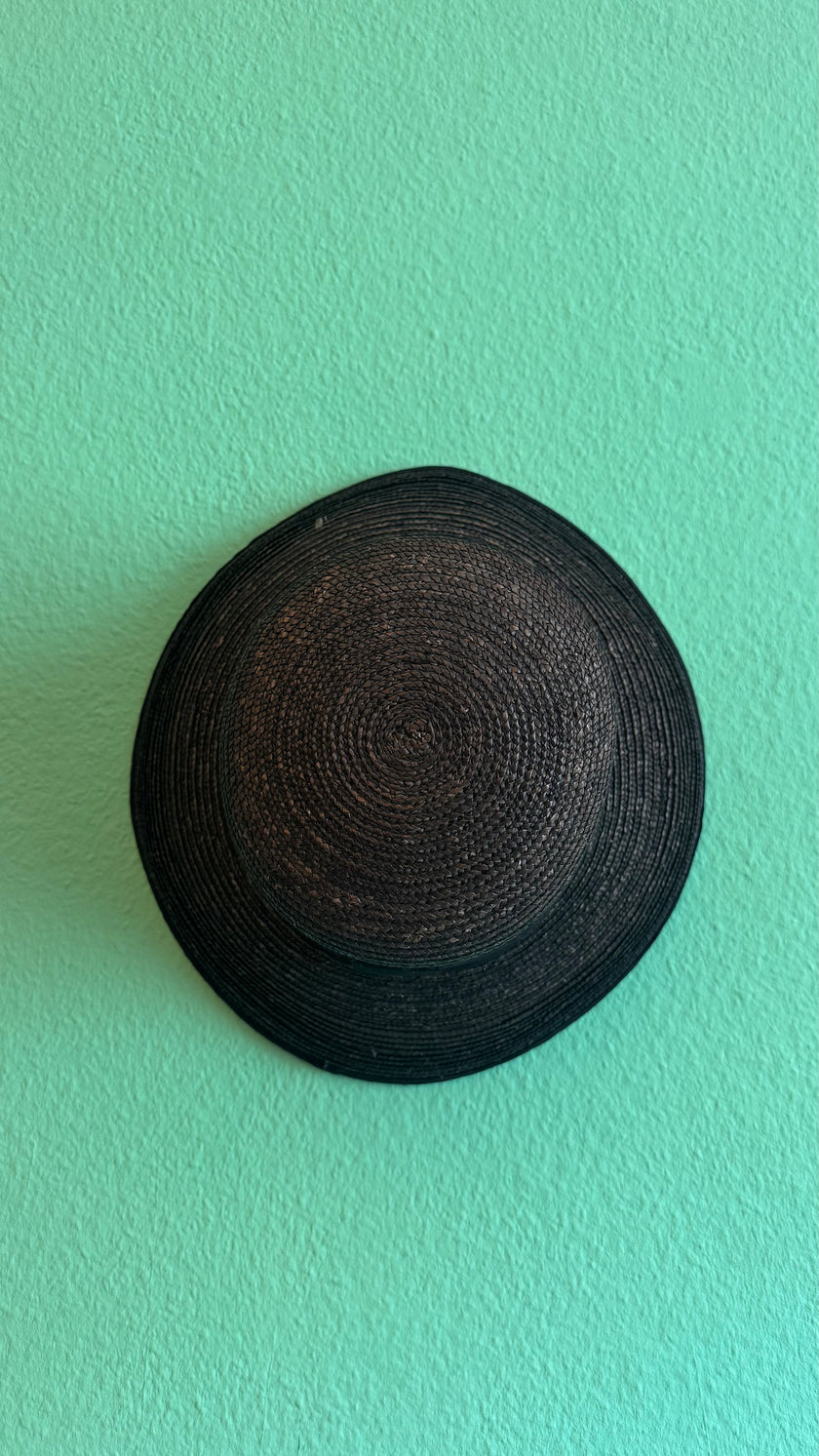 Vintage Estimated 1950s Black Woven Straw Wide-Brim Hat