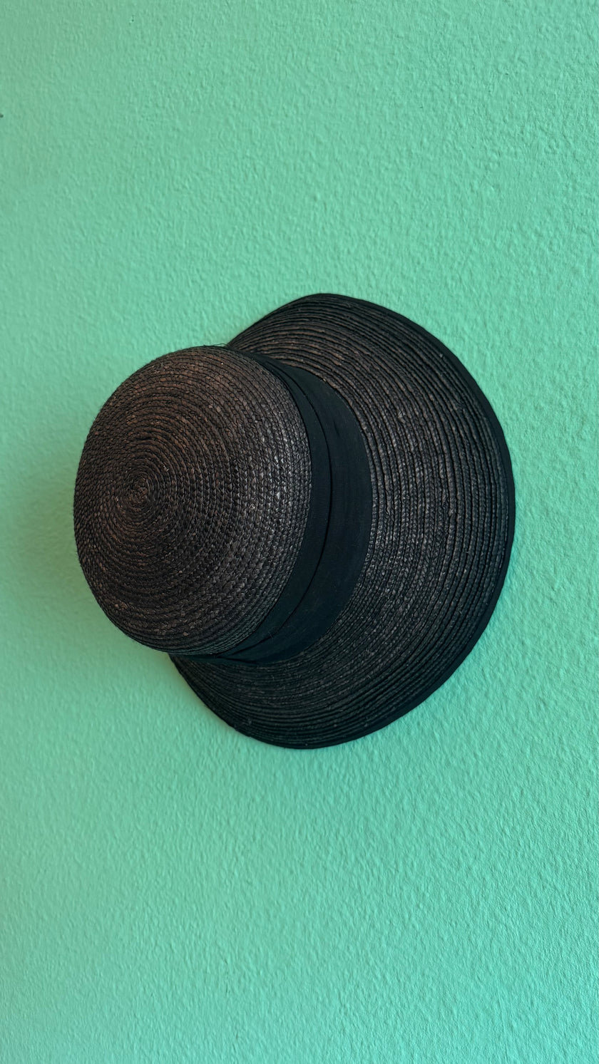 Vintage Estimated 1950s Black Woven Straw Wide-Brim Hat