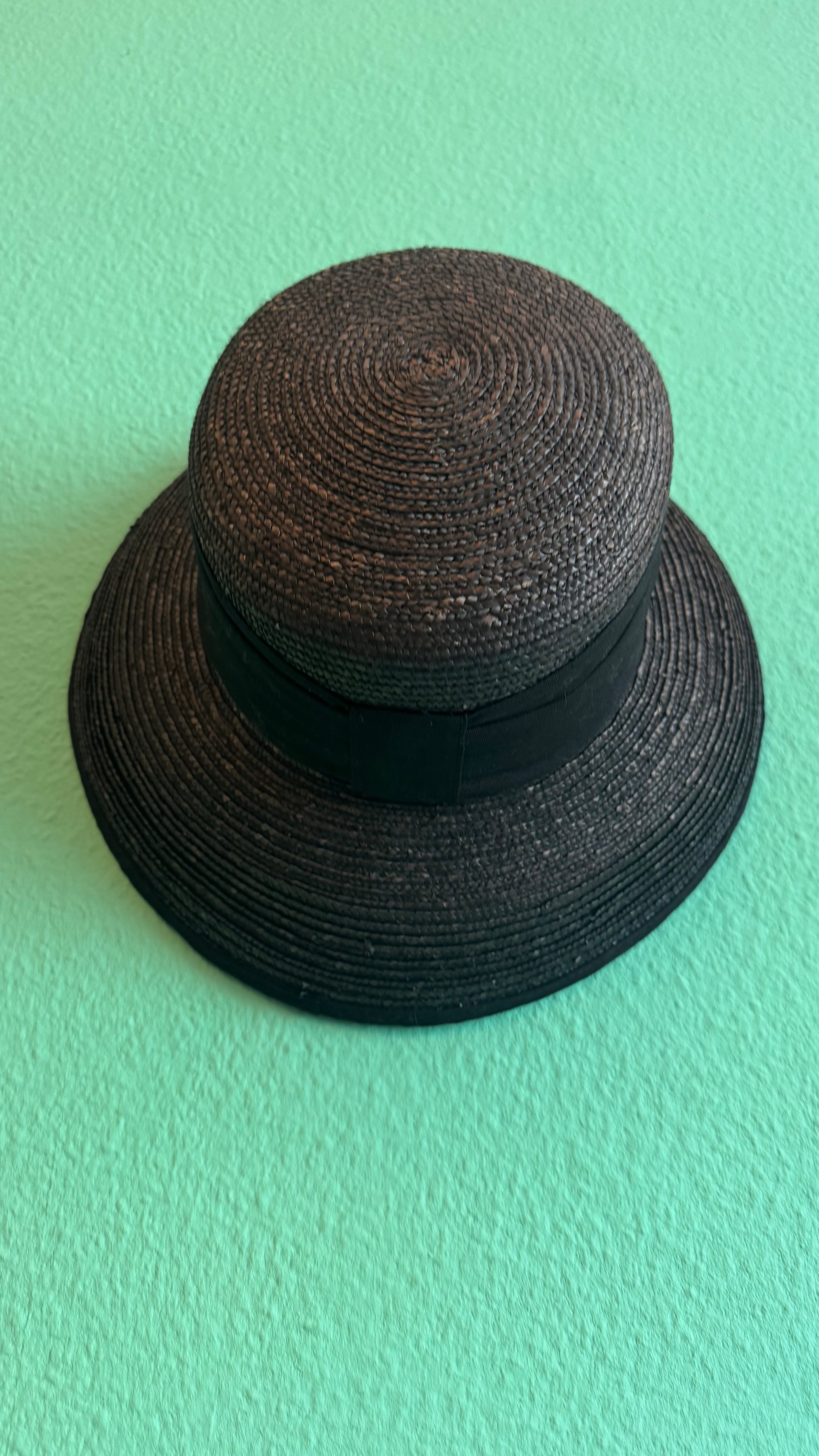 Vintage Estimated 1950s Black Woven Straw Wide-Brim Hat