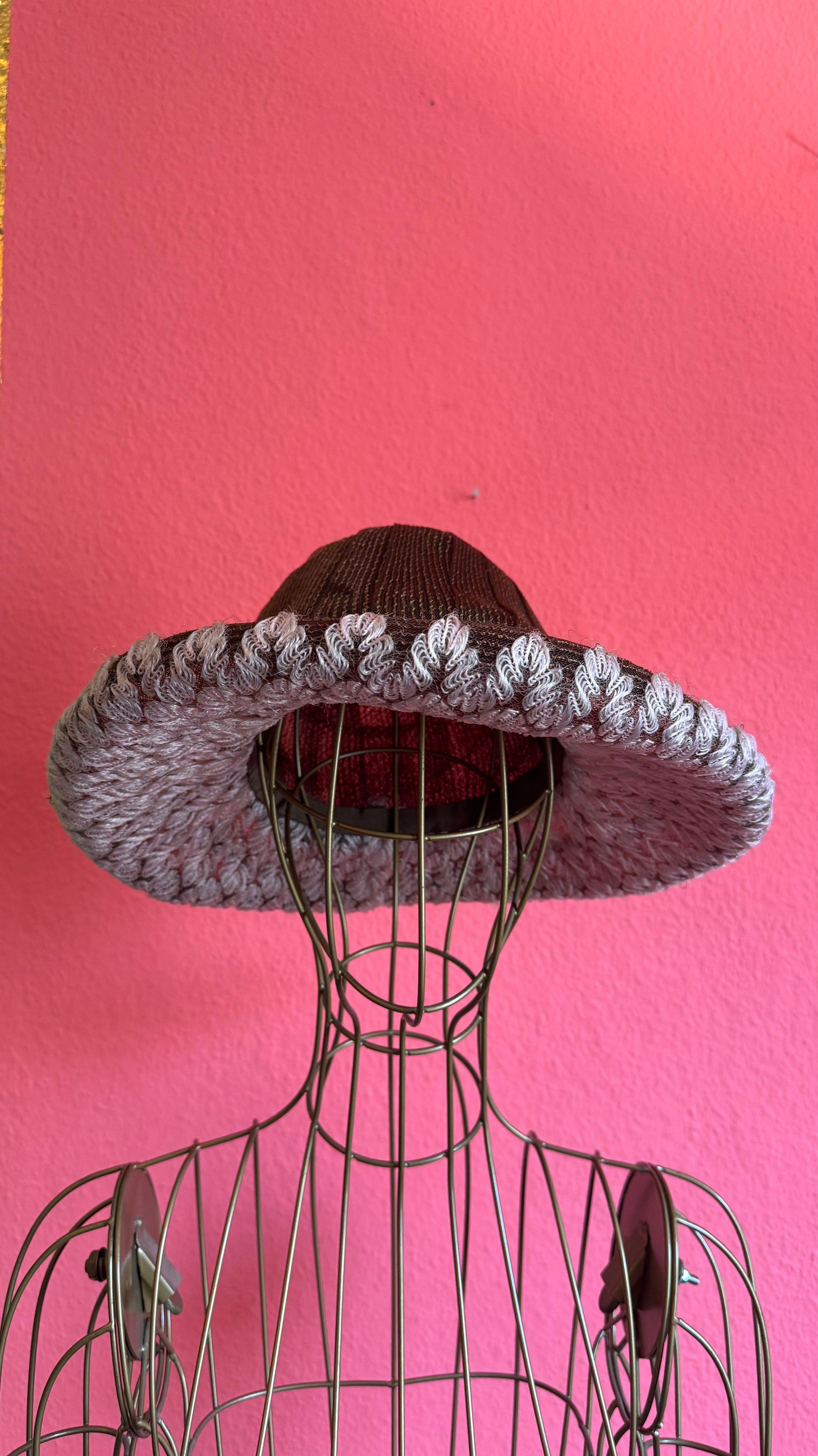 Vintage Estimated 1950s Burgundy Straw Hat With Grey Loop Trim
