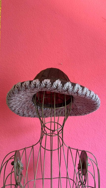 Vintage Estimated 1950s Burgundy Straw Hat With Grey Loop Trim