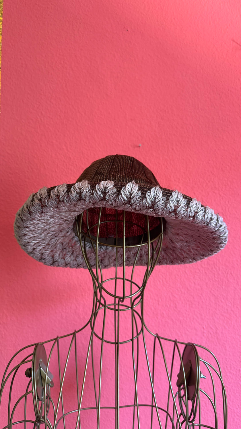 Vintage Estimated 1950s Burgundy Straw Hat With Grey Loop Trim
