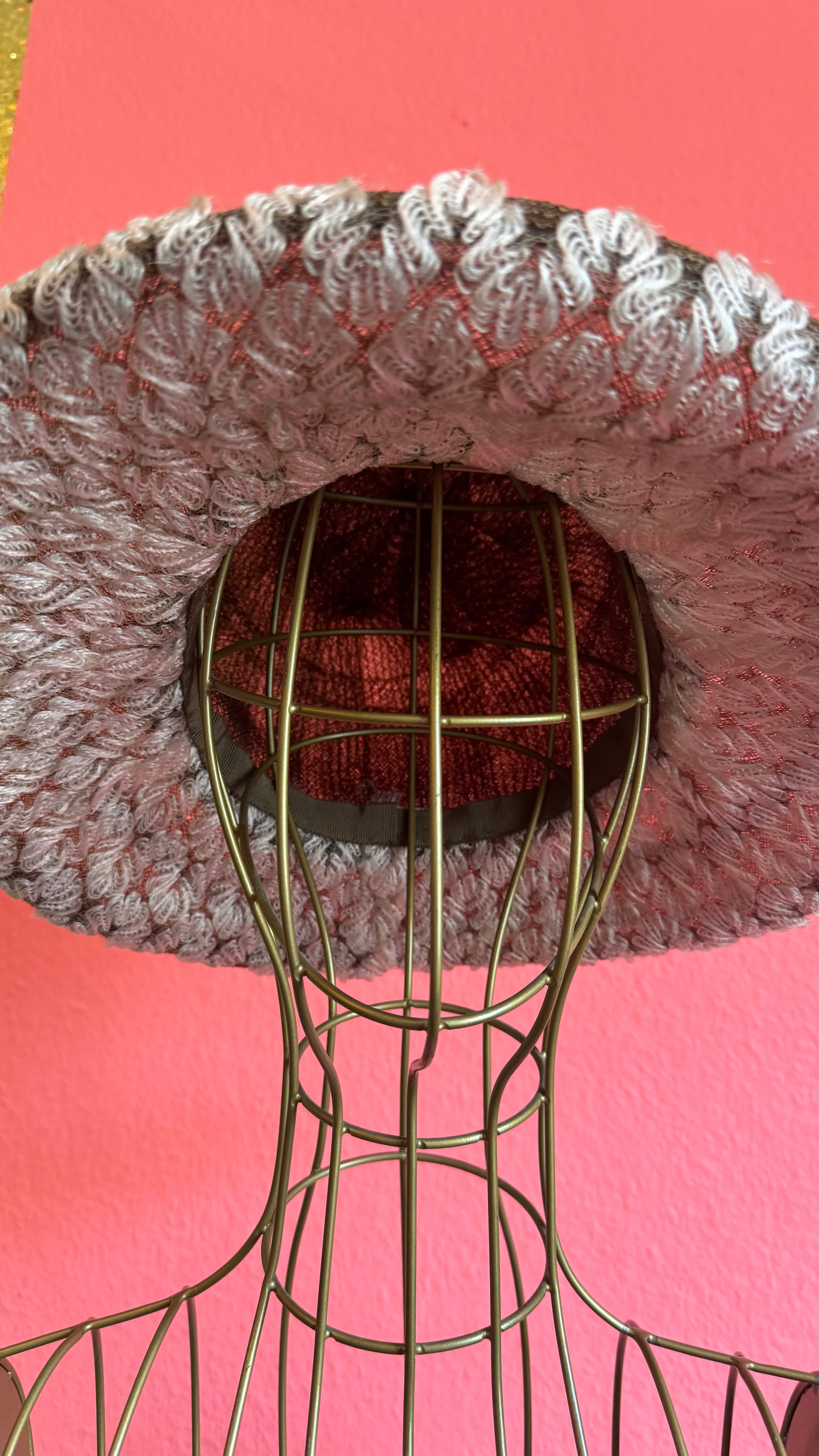 Vintage Estimated 1950s Burgundy Straw Hat With Grey Loop Trim