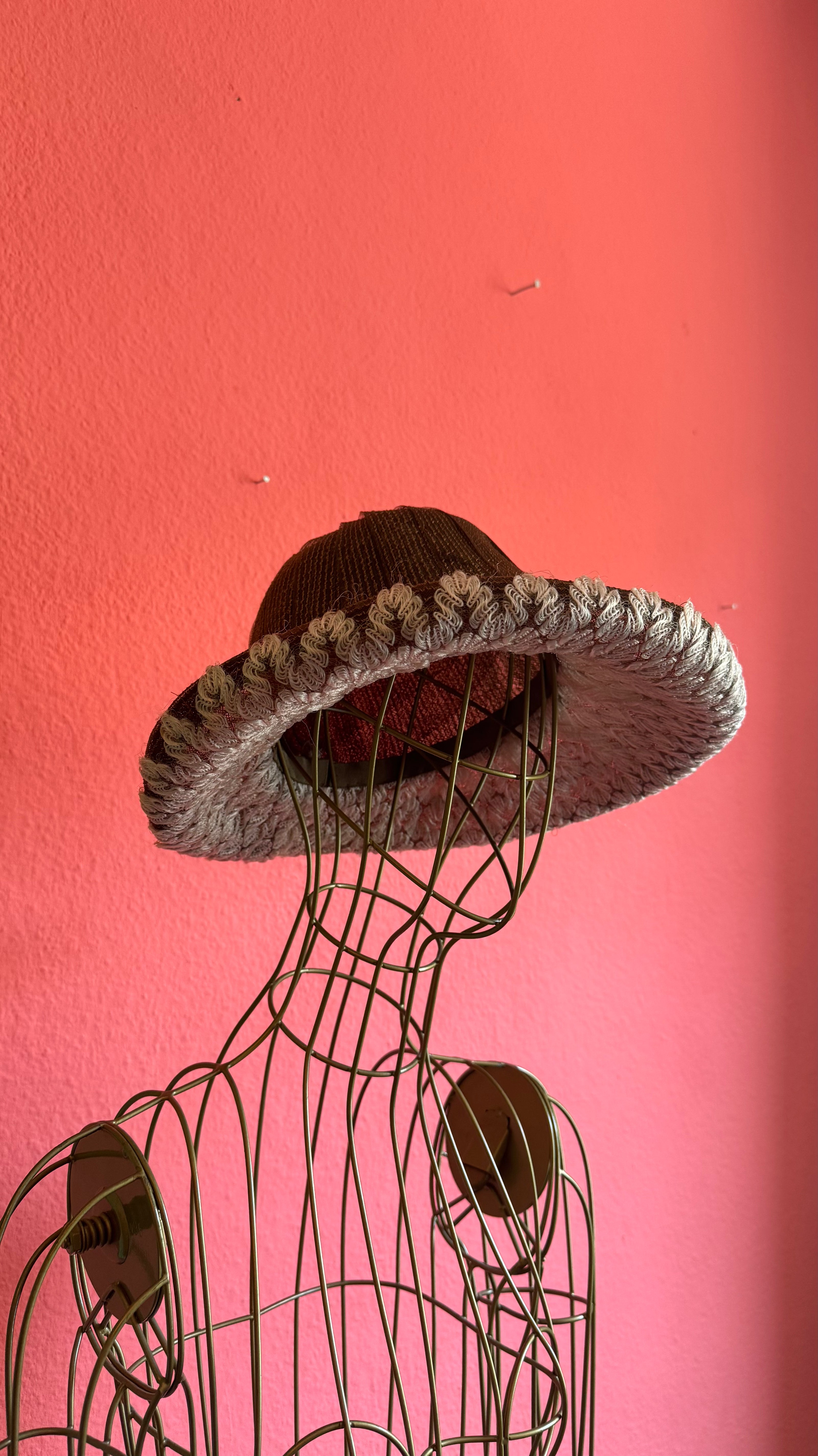 Vintage Estimated 1950s Burgundy Straw Hat With Grey Loop Trim