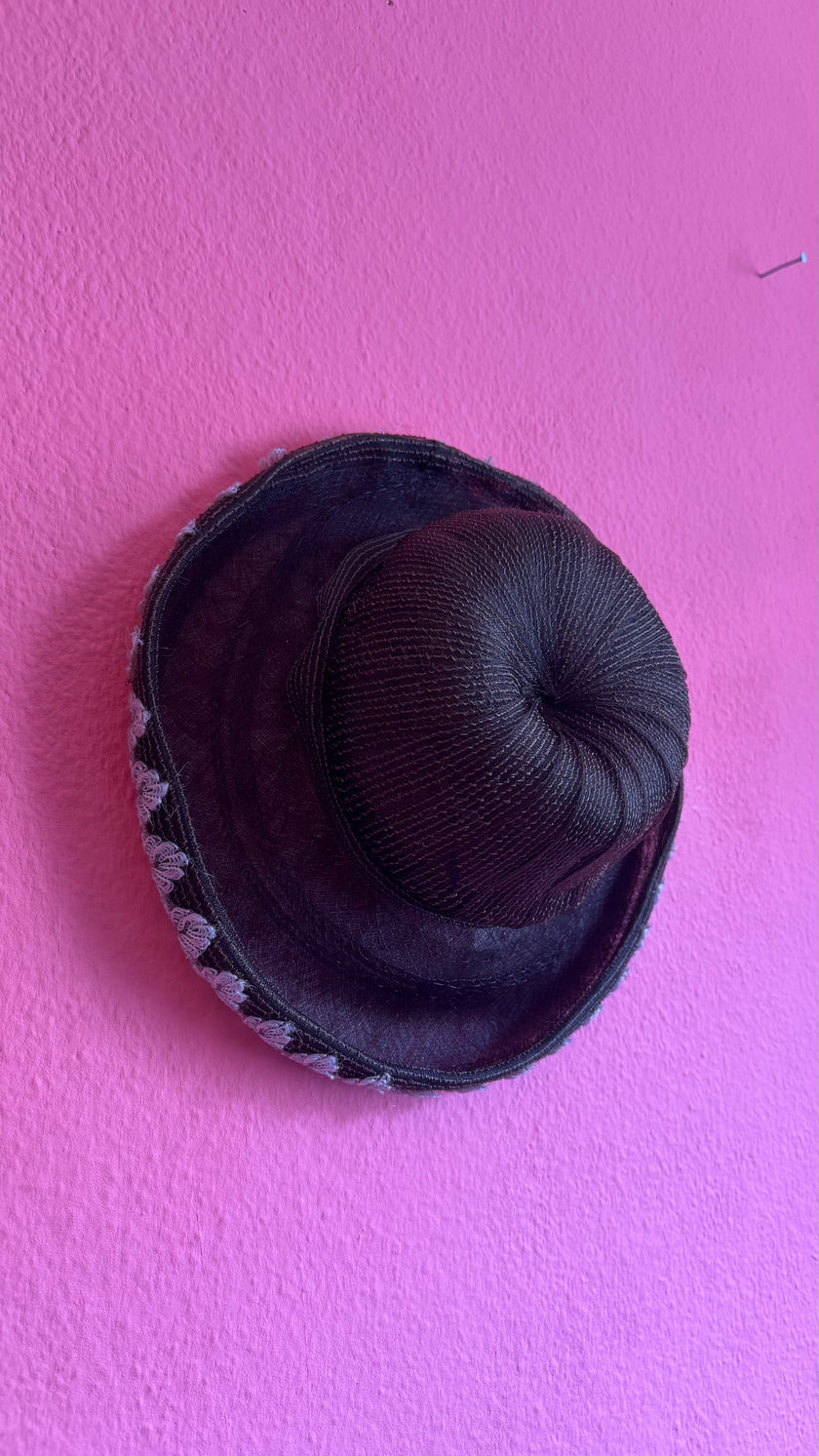 Vintage Estimated 1950s Burgundy Straw Hat With Grey Loop Trim
