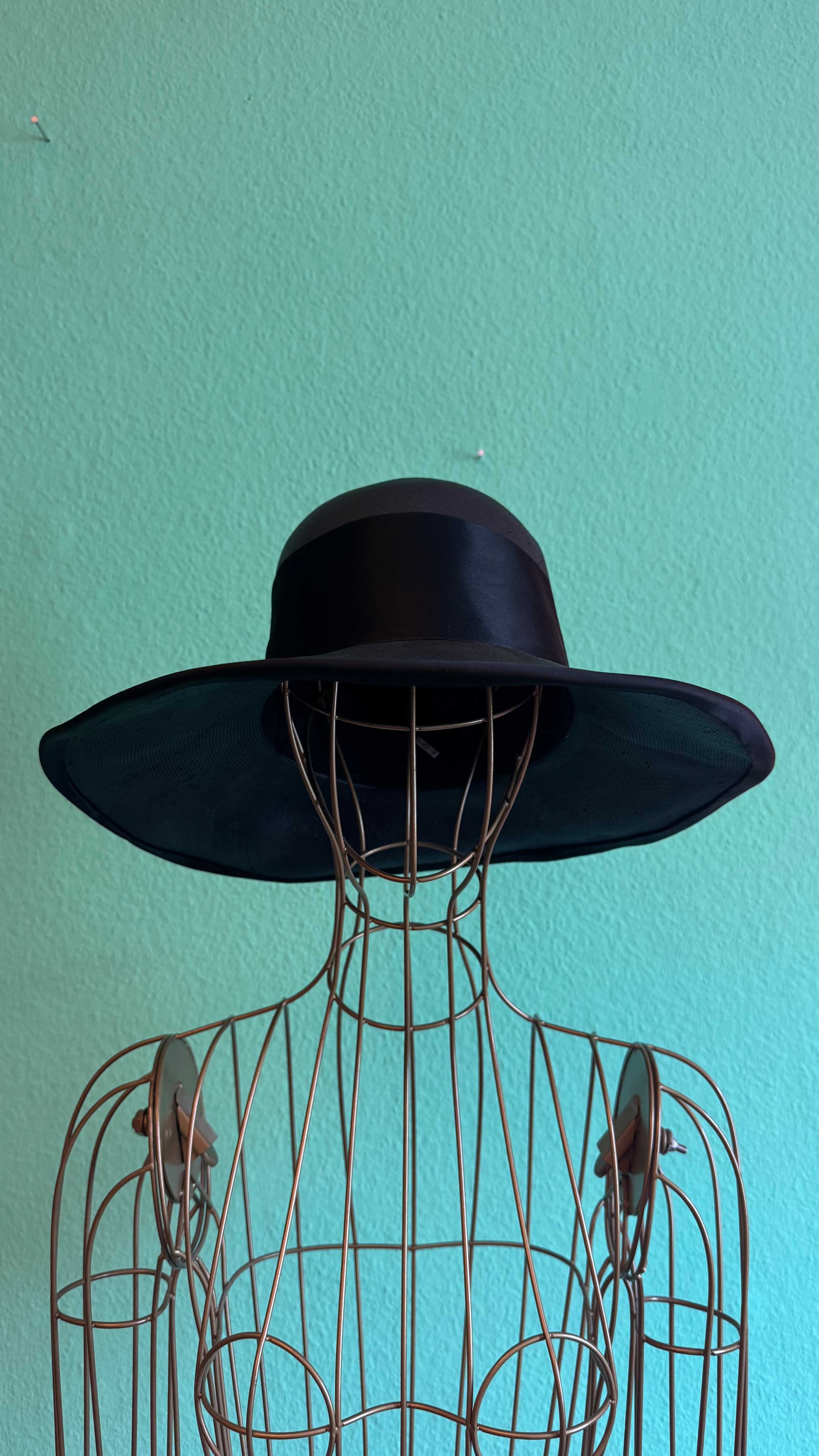 Vintage 1940s Black Sheer Wide Brim Hat With Satin Band