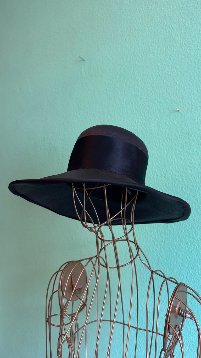 Vintage 1940s Black Sheer Wide Brim Hat With Satin Band