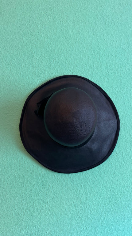 Vintage 1940s Black Sheer Wide Brim Hat With Satin Band