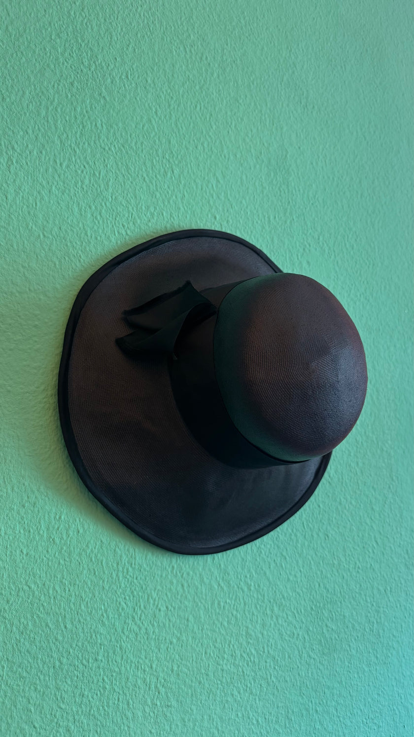 Vintage 1940s Black Sheer Wide Brim Hat With Satin Band