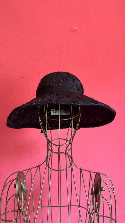 Vintage 1990s Black Woven Wide Brim Hat With Textured Star Detail