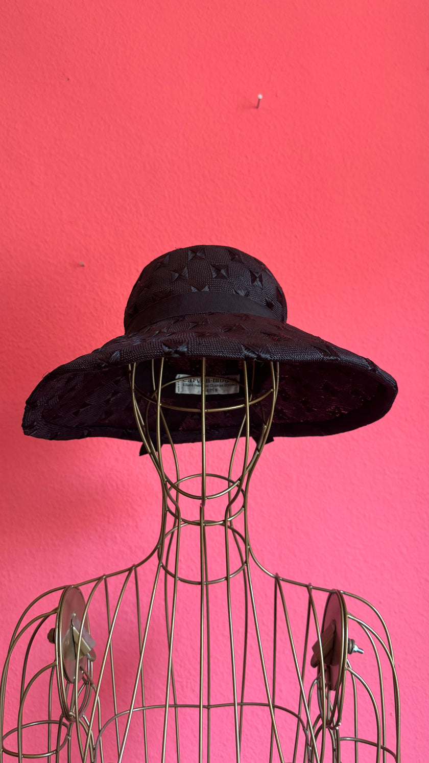 Vintage 1990s Black Woven Wide Brim Hat With Textured Star Detail