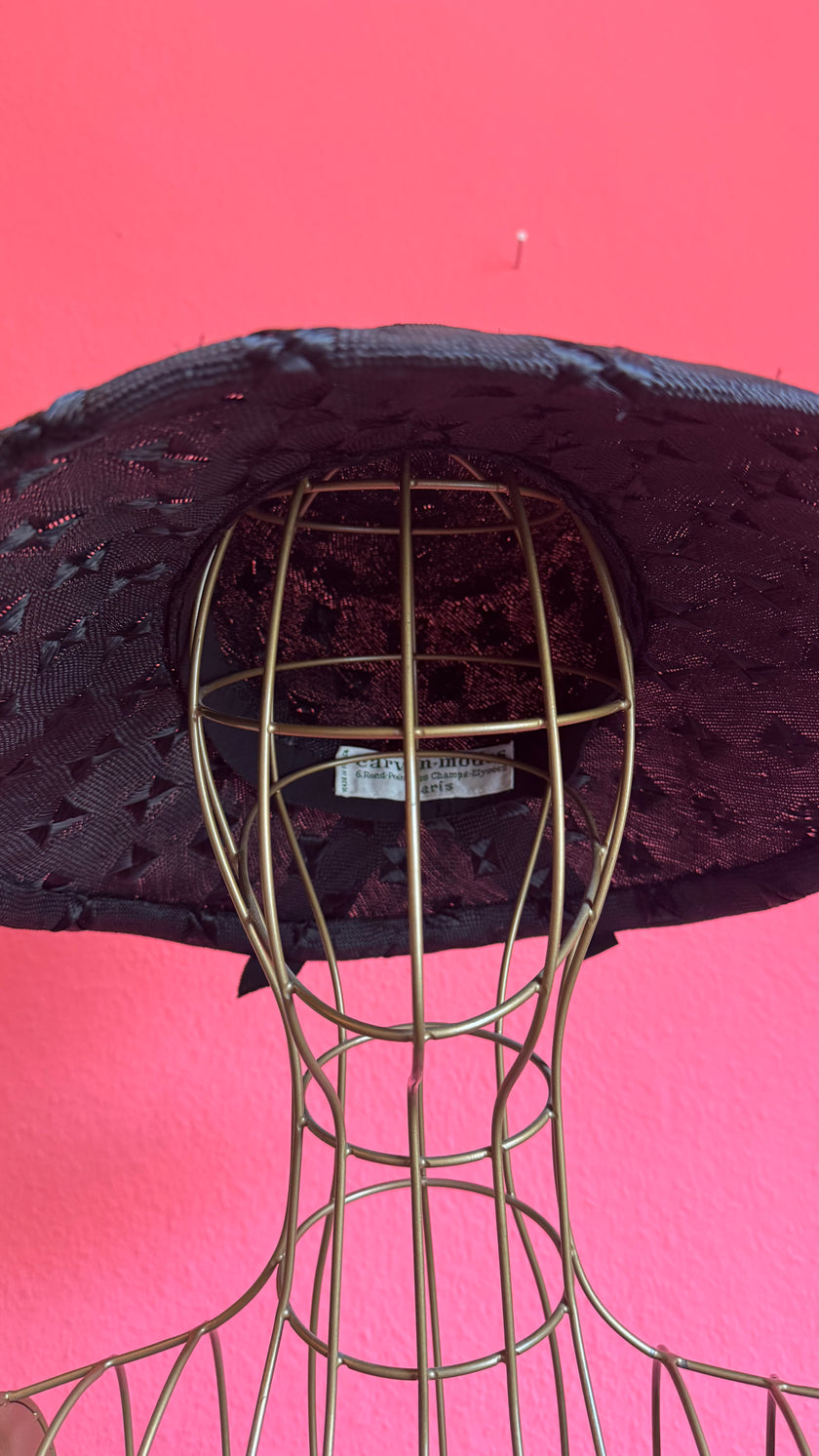 Vintage 1990s Black Woven Wide Brim Hat With Textured Star Detail