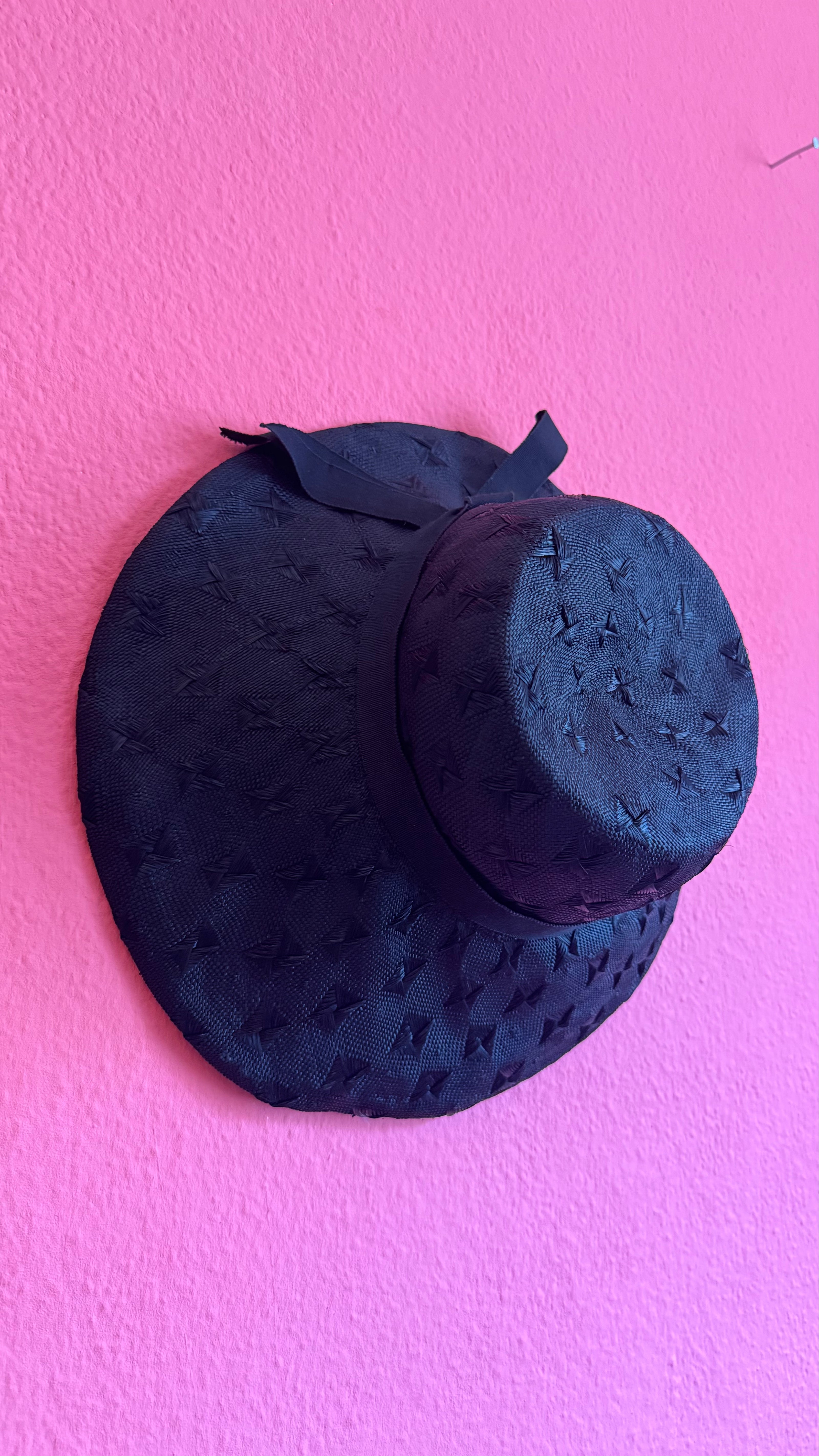 Vintage 1990s Black Woven Wide Brim Hat With Textured Star Detail