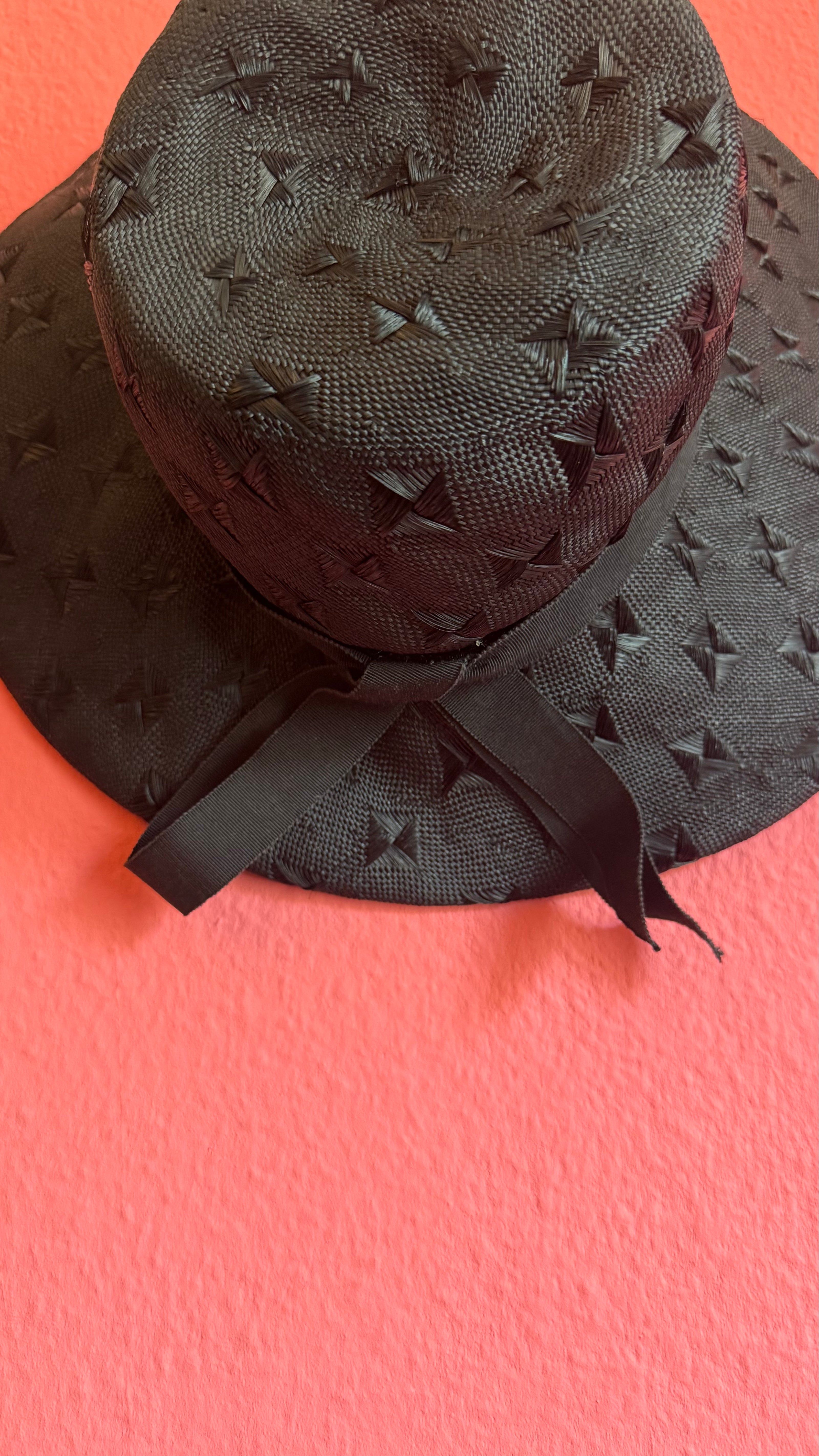 Vintage 1990s Black Woven Wide Brim Hat With Textured Star Detail