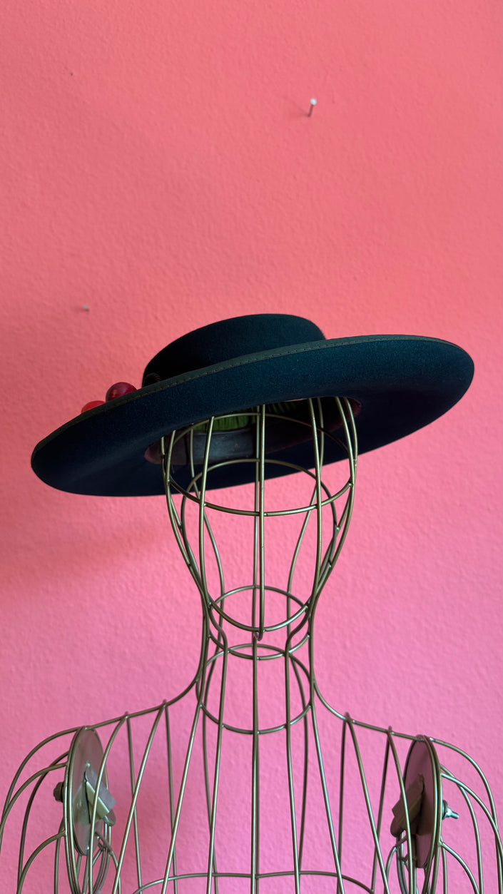Vintage 1980s Black Felt Tracht Hat With Berry Decoration