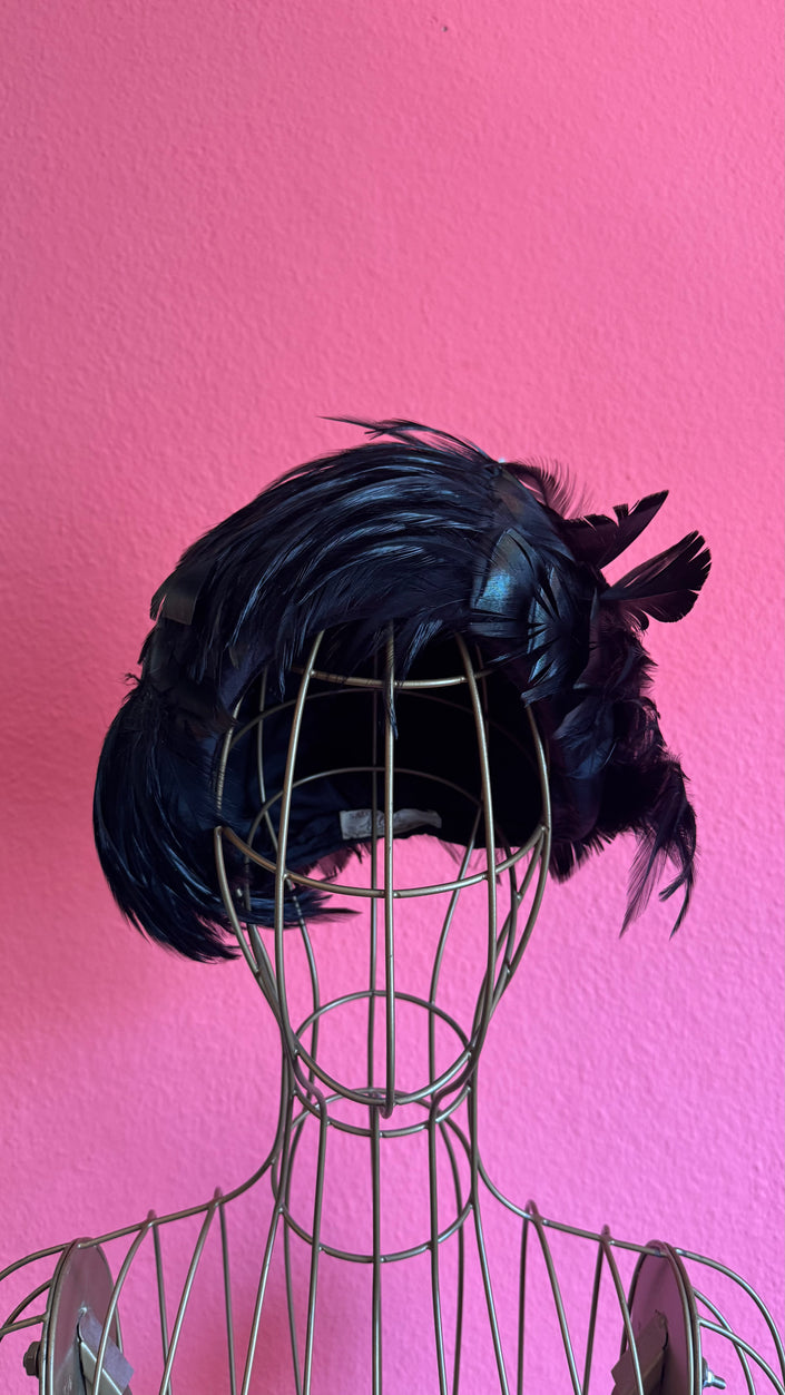 Vintage 1950s Black Feather Cocktail Hat