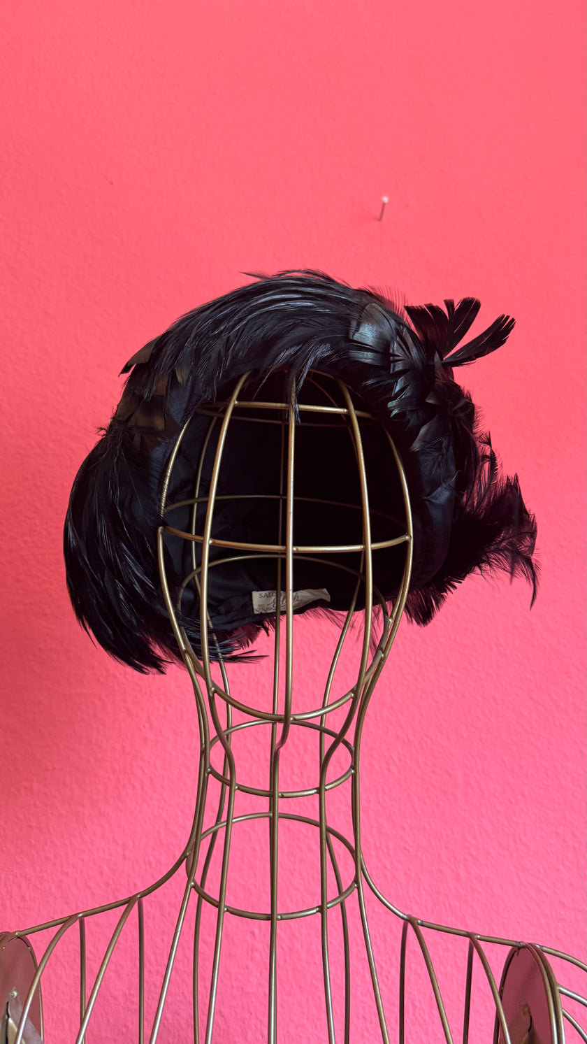 Vintage 1950s Black Feather Cocktail Hat