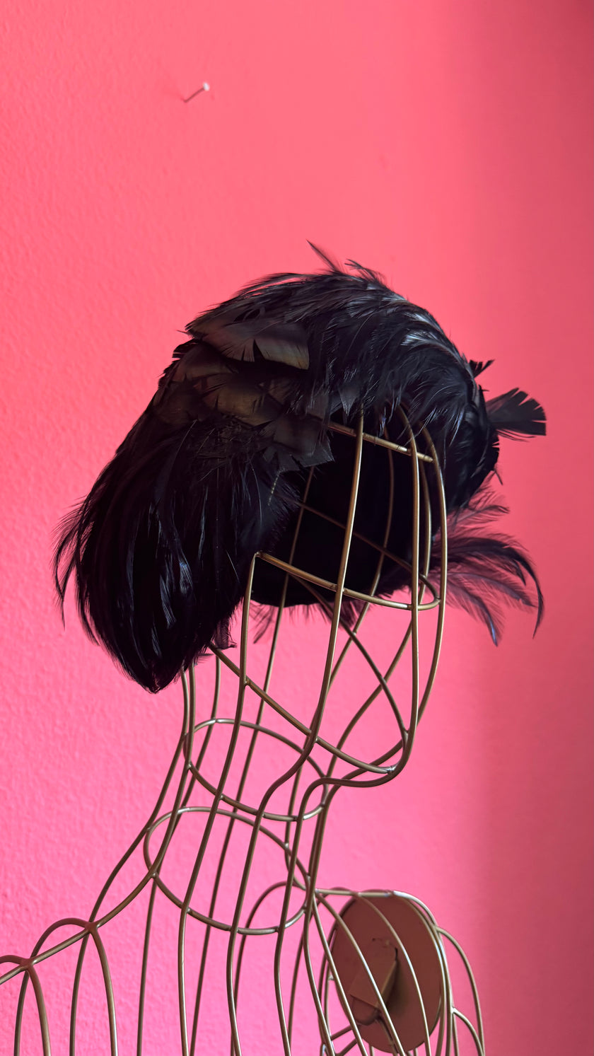 Vintage 1950s Black Feather Cocktail Hat
