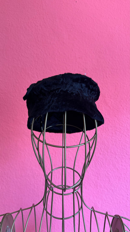Vintage 1980s Black Plush Pillbox Hat With Loop Bow