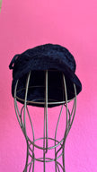 Vintage 1980s Black Plush Pillbox Hat With Loop Bow