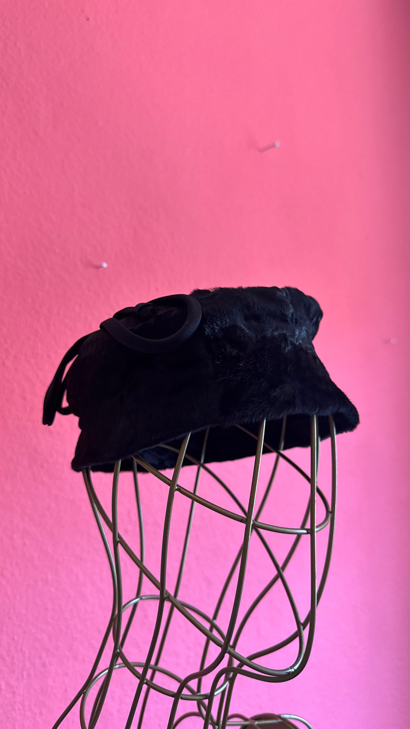 Vintage 1980s Black Plush Pillbox Hat With Loop Bow