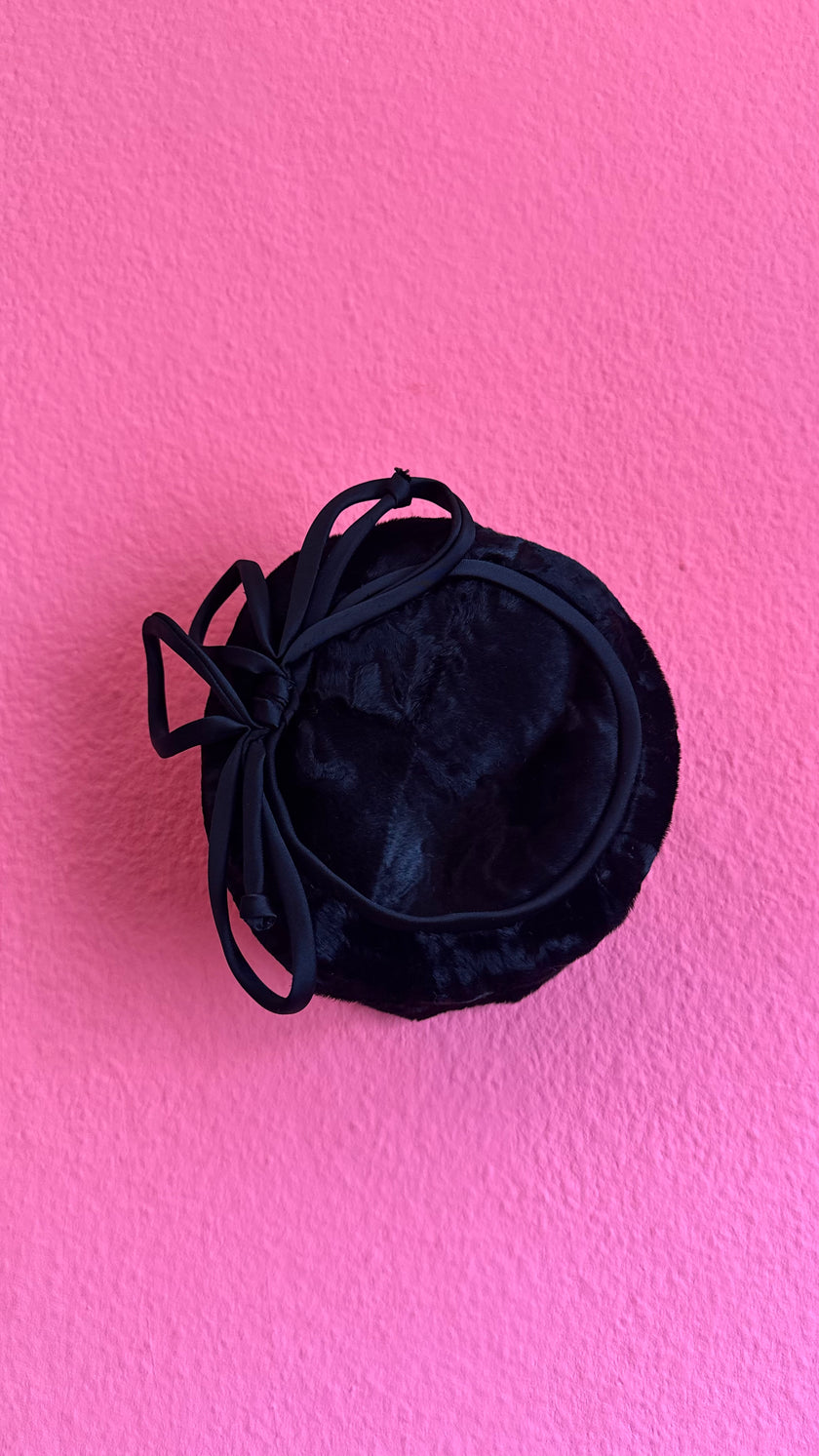 Vintage 1980s Black Plush Pillbox Hat With Loop Bow