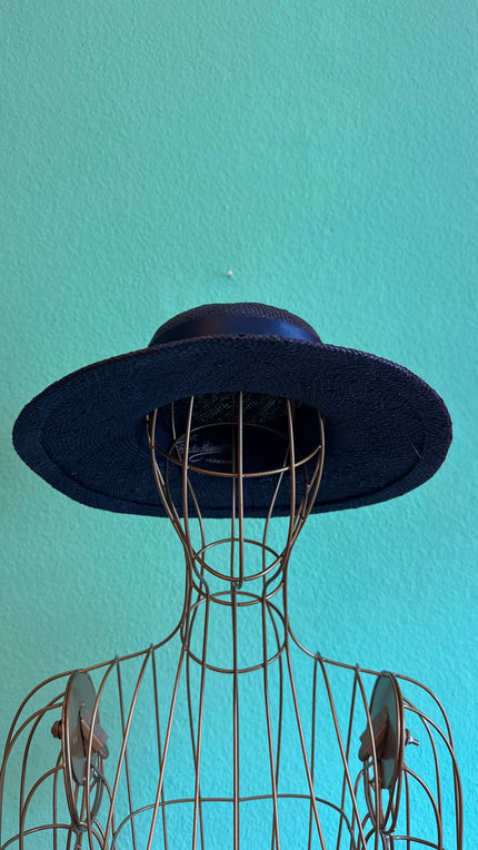 Vintage 1950s Black Wide Brim Straw Hat With Satin Bow