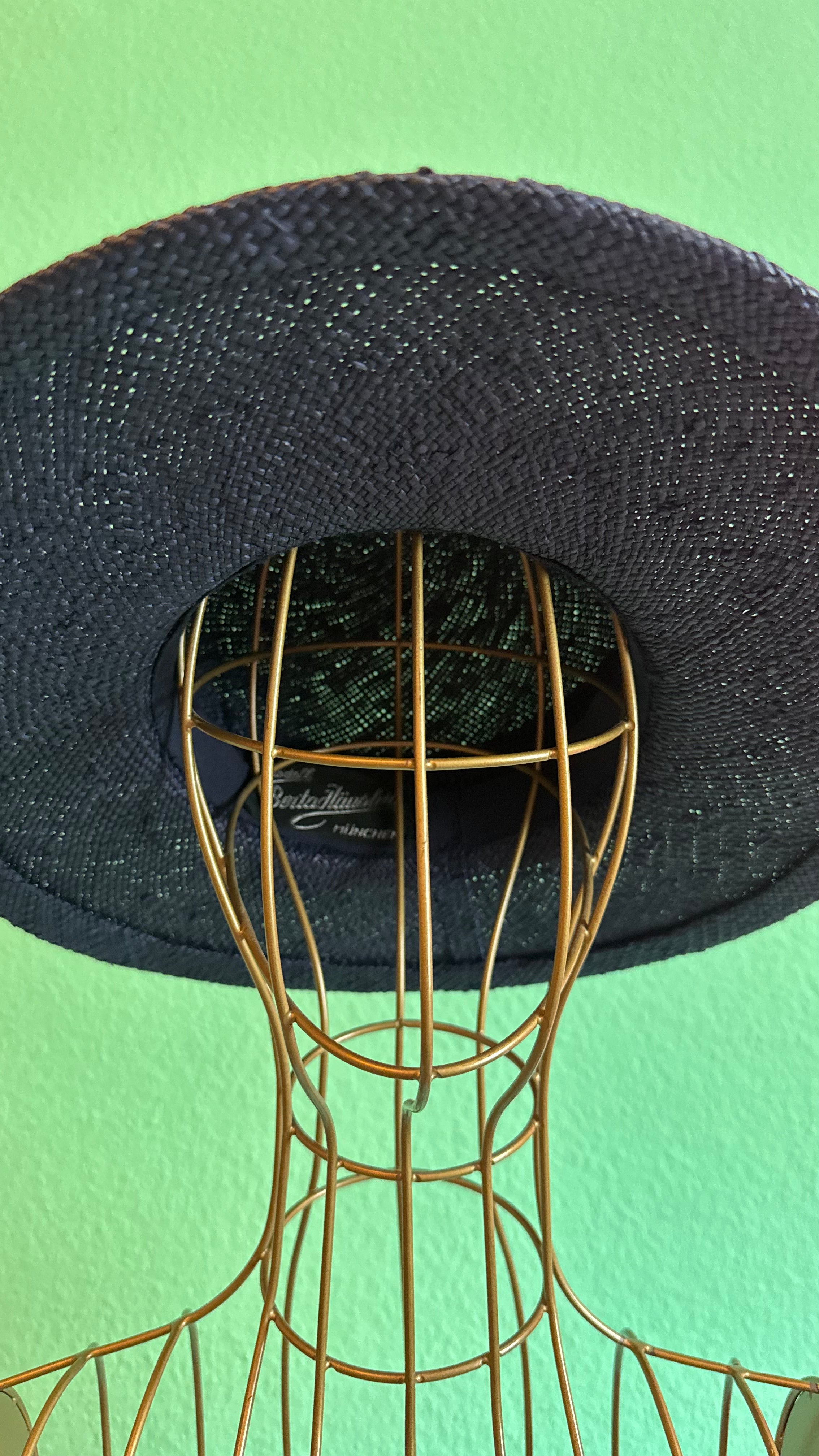 Vintage 1950s Black Wide Brim Straw Hat With Satin Bow