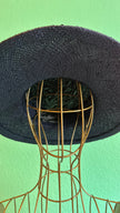 Vintage 1950s Black Wide Brim Straw Hat With Satin Bow