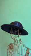 Vintage 1950s Black Wide Brim Straw Hat With Satin Bow