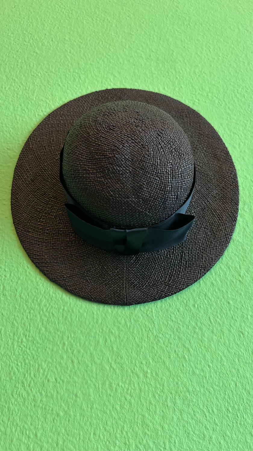 Vintage 1950s Black Wide Brim Straw Hat With Satin Bow