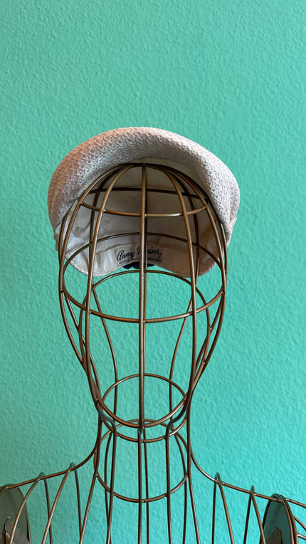 Vintage 1950s Ivory Woven Half Hat With Floral Appliqué