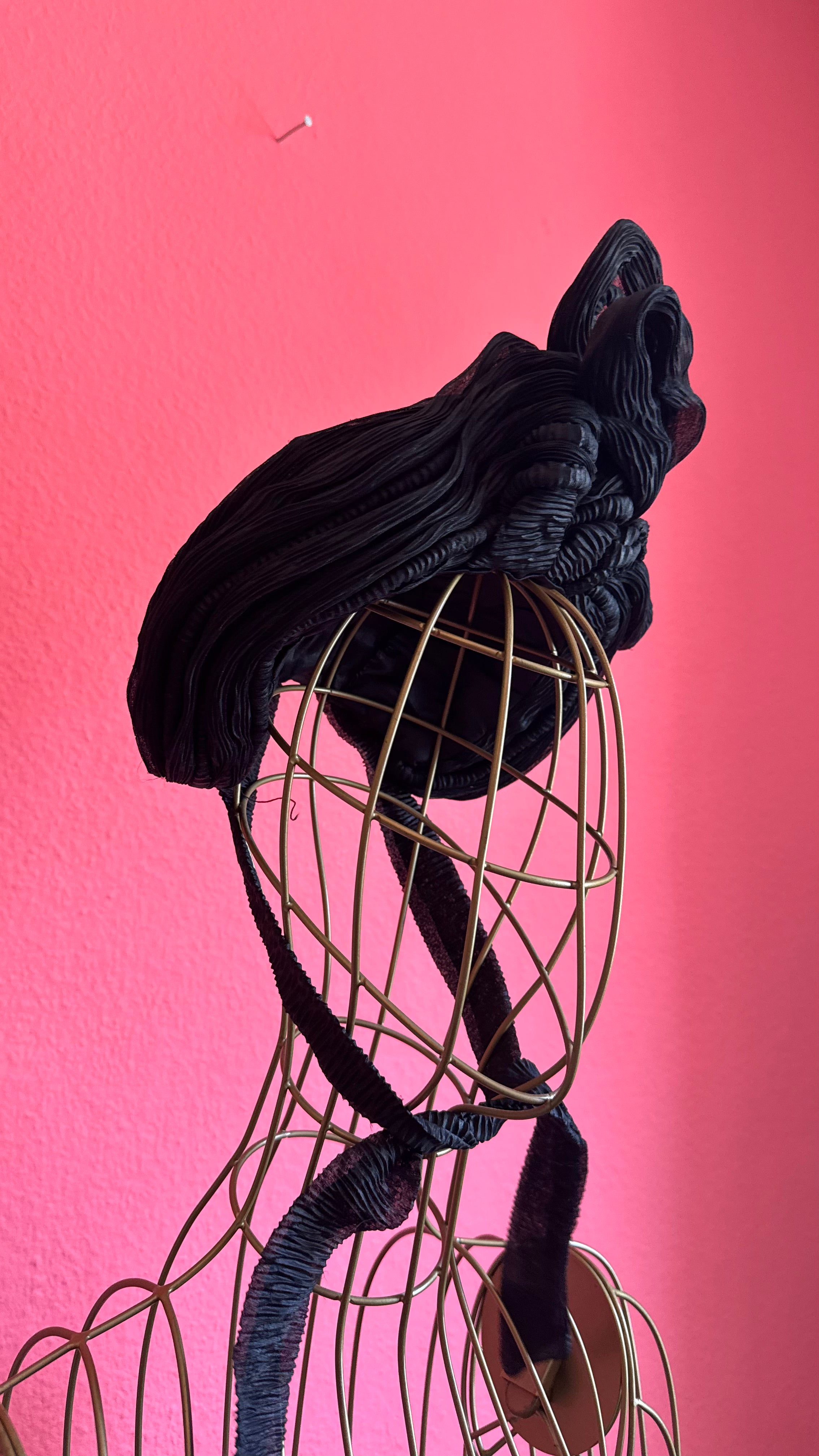 Vintage 1940s Black Pleated Sculptural Turban Hat