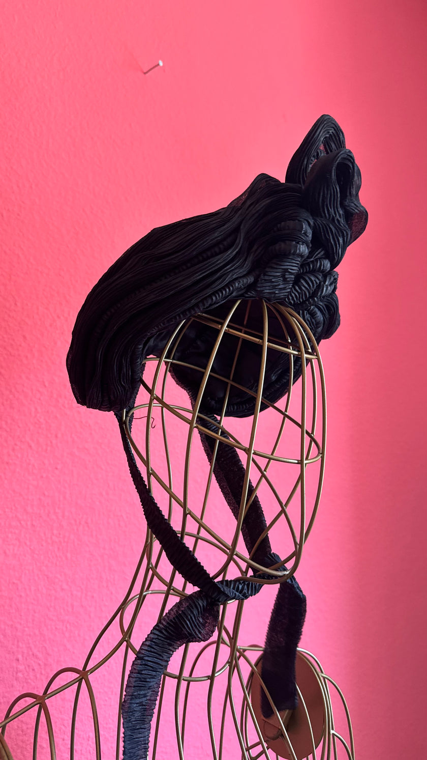 Vintage 1940s Black Pleated Sculptural Turban Hat