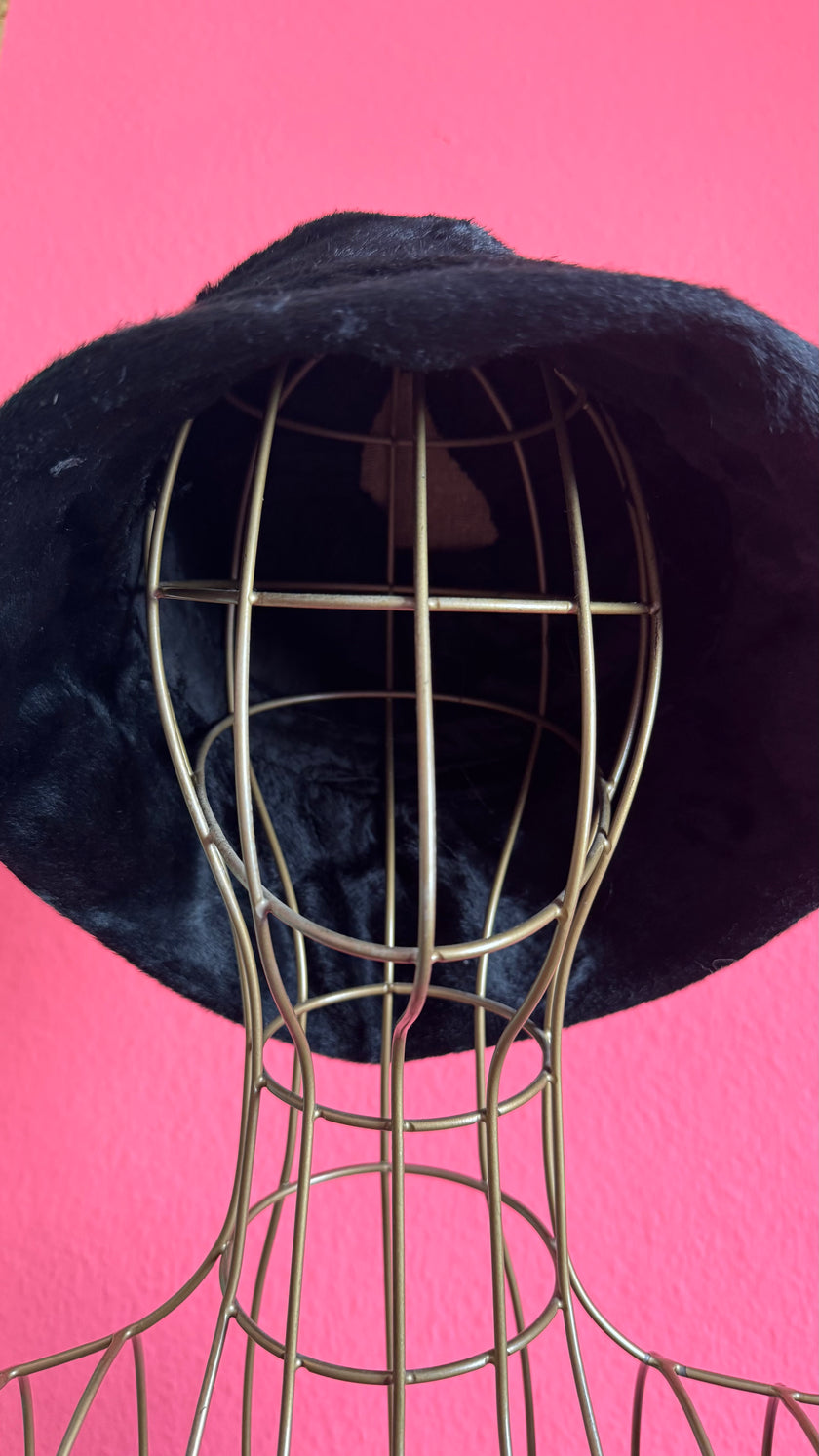 Vintage 1920s Black Faux Fur Bucket Hat