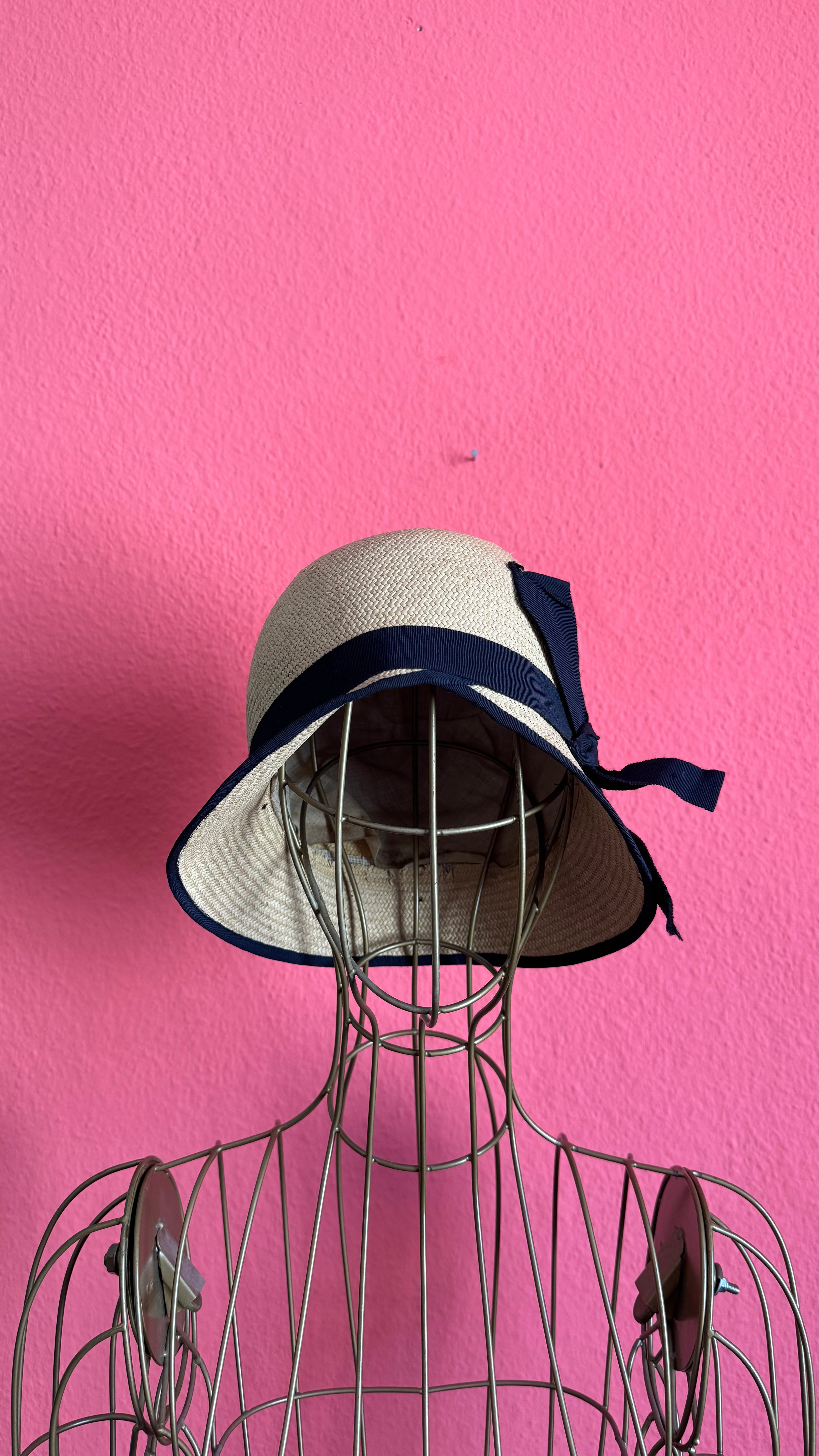 Vintage 1920s Natural Straw Cloche Hat With Navy Ribbon