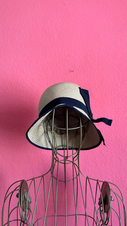 Vintage 1920s Natural Straw Cloche Hat With Navy Ribbon