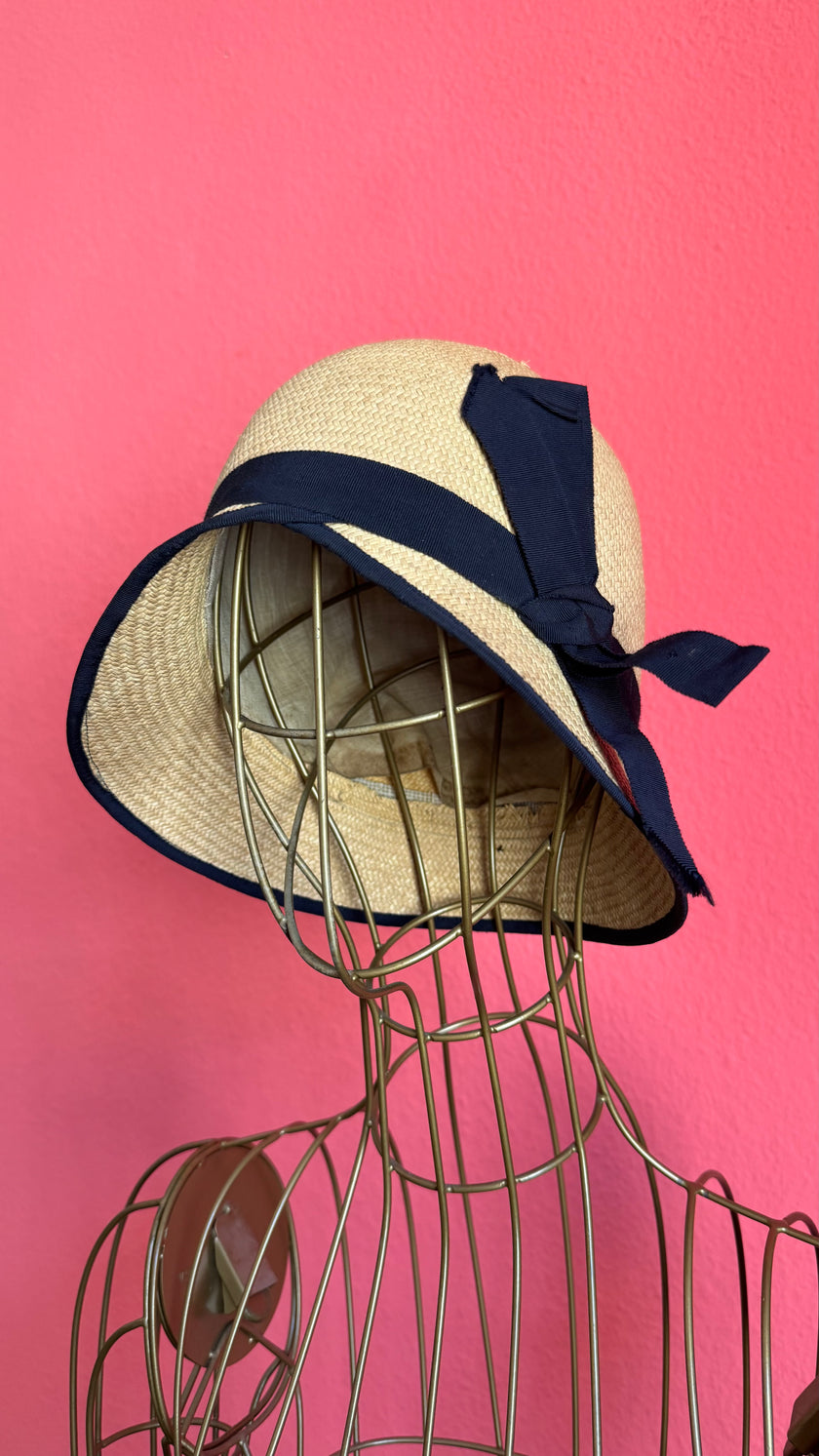 Vintage 1920s Natural Straw Cloche Hat With Navy Ribbon