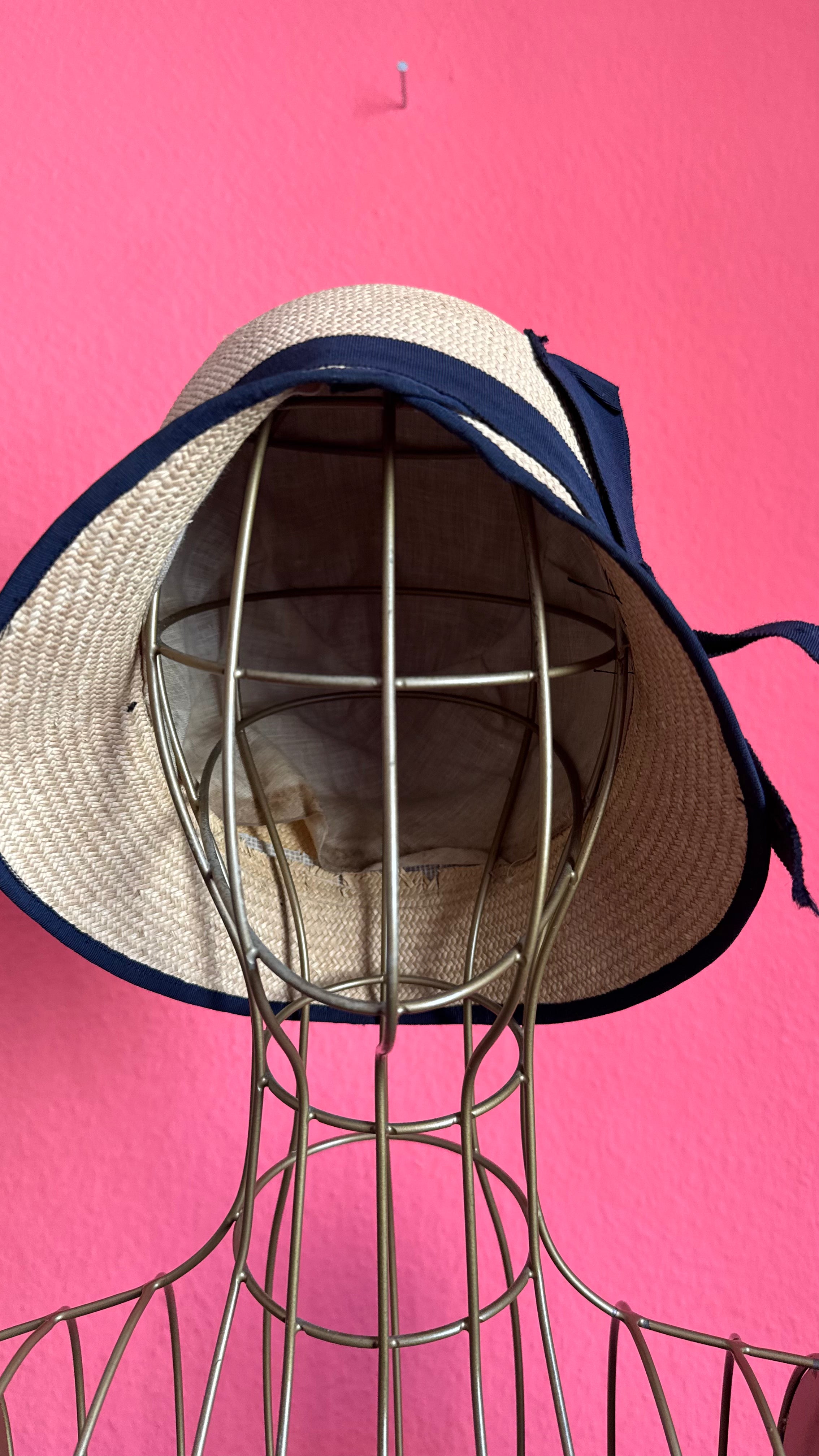 Vintage 1920s Natural Straw Cloche Hat With Navy Ribbon